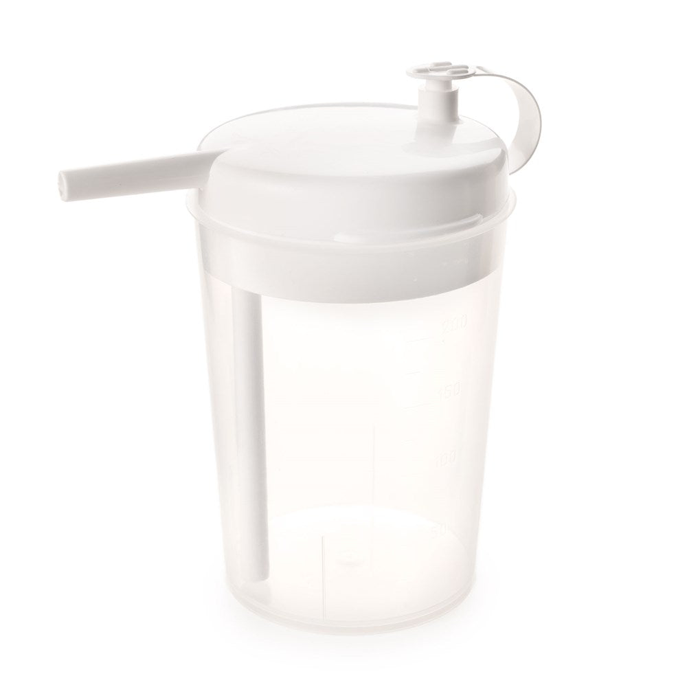 The Rika Novo Cup is a clear plastic drinking aid with a handle and a white spill-proof lid featuring a built-in spout and cap—ideal for bedridden users.