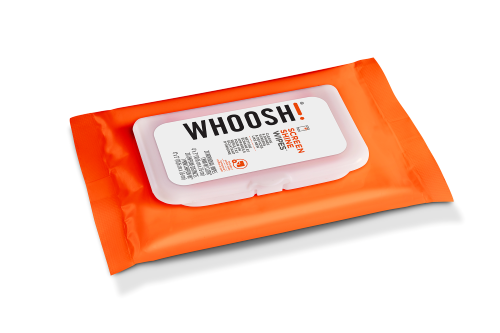 An orange pack of WHOOSH! Screen Shine Wipes 20 Pack – AAC Cleaning Kit with Microfibre Cloth, featuring a white plastic lid and visible label, offers convenient cleaning for electronic screens.