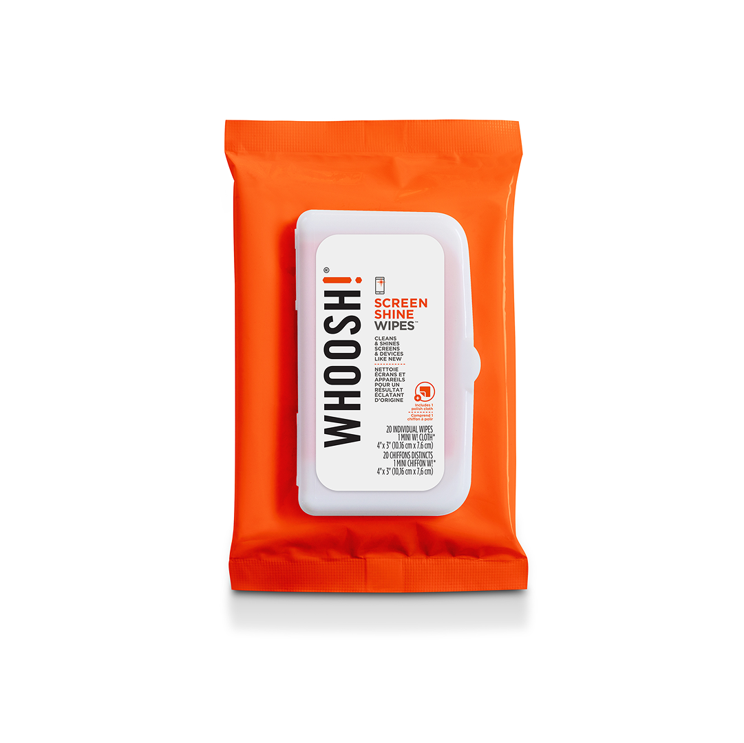 A 20-pack of WHOOSH! Screen Shine Wipes – AAC Cleaning Kit with Microfibre Cloth in an orange resealable pouch with a white label and bold black and orange text, displayed against a white background.