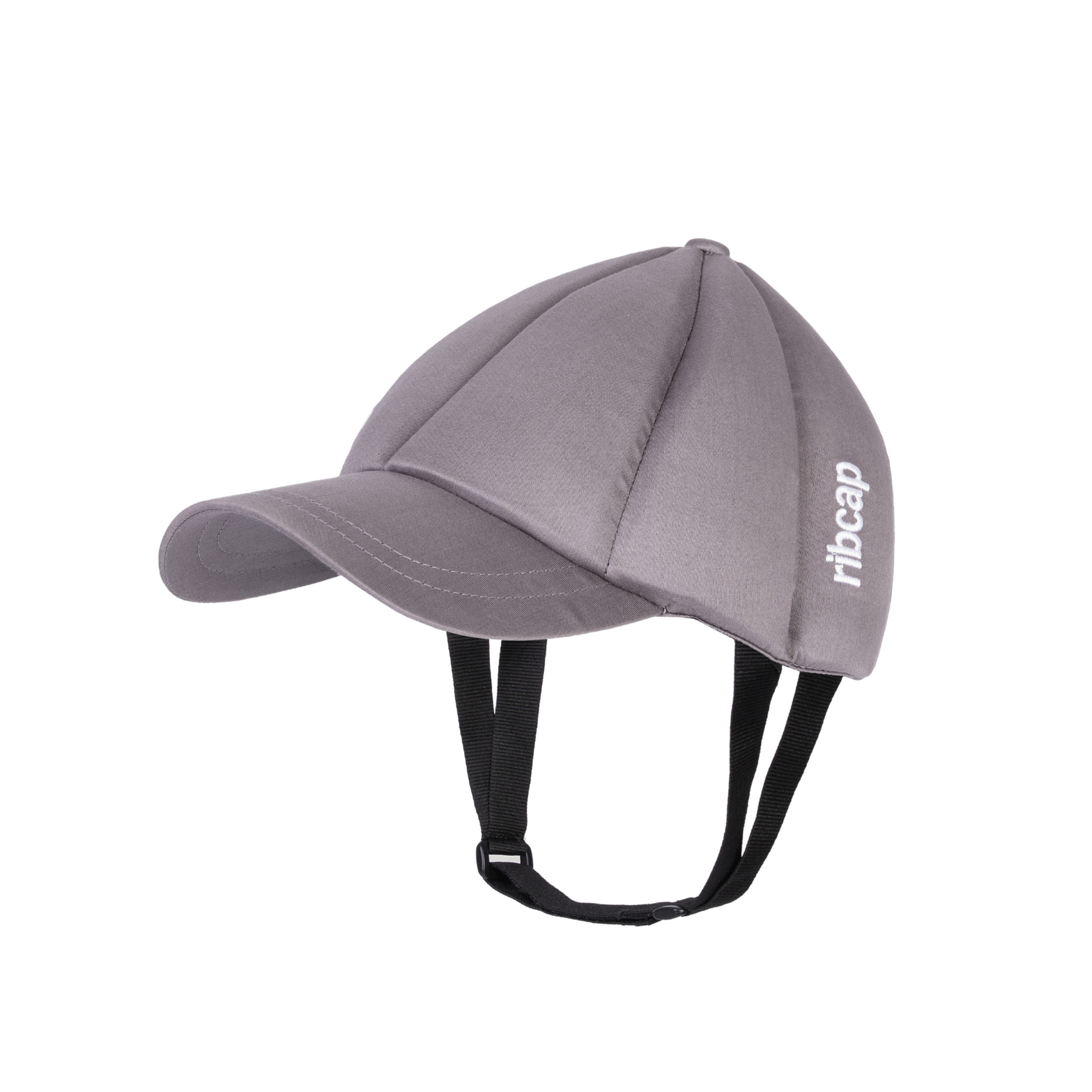 The Ribcap Baseball Cap [Platinum] by Ribcap is a gray soft-shell cap with black adjustable chin straps and "ribcap" in white on the side, offering discreet soft head protection as an alternative to bulky medical helmets.