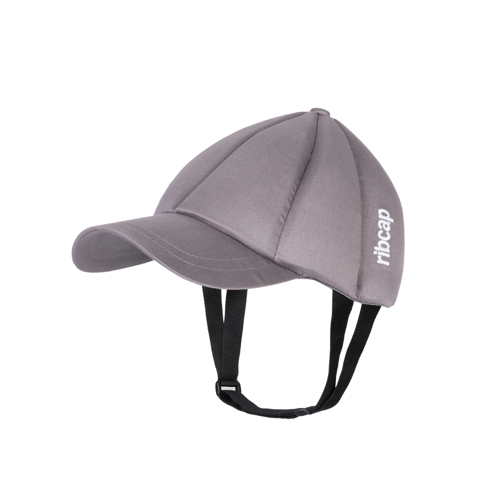 The Ribcap Baseball Cap [Platinum] by Ribcap is a gray soft-shell cap with black adjustable chin straps and "ribcap" in white on the side, offering discreet soft head protection as an alternative to bulky medical helmets.