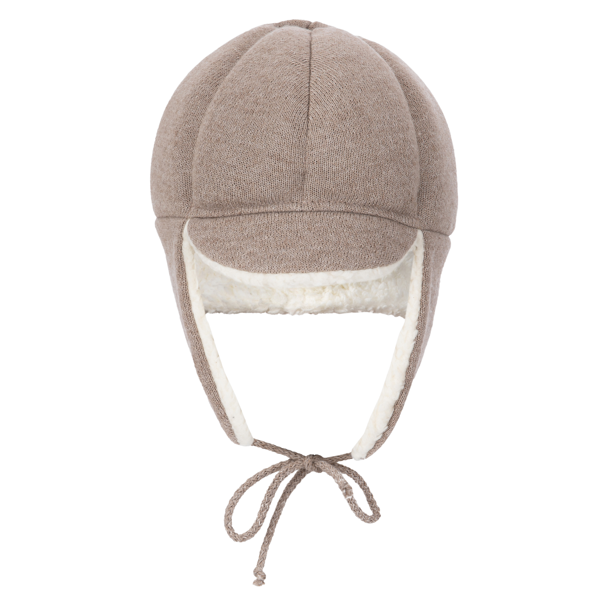 The Ribcap Bieber Kids Beanie [Brown] by Ribcap offers cozy head protection with ear flaps, a short brim, white fleece lining, and chin ties—perfect for keeping kids warm on chilly days.