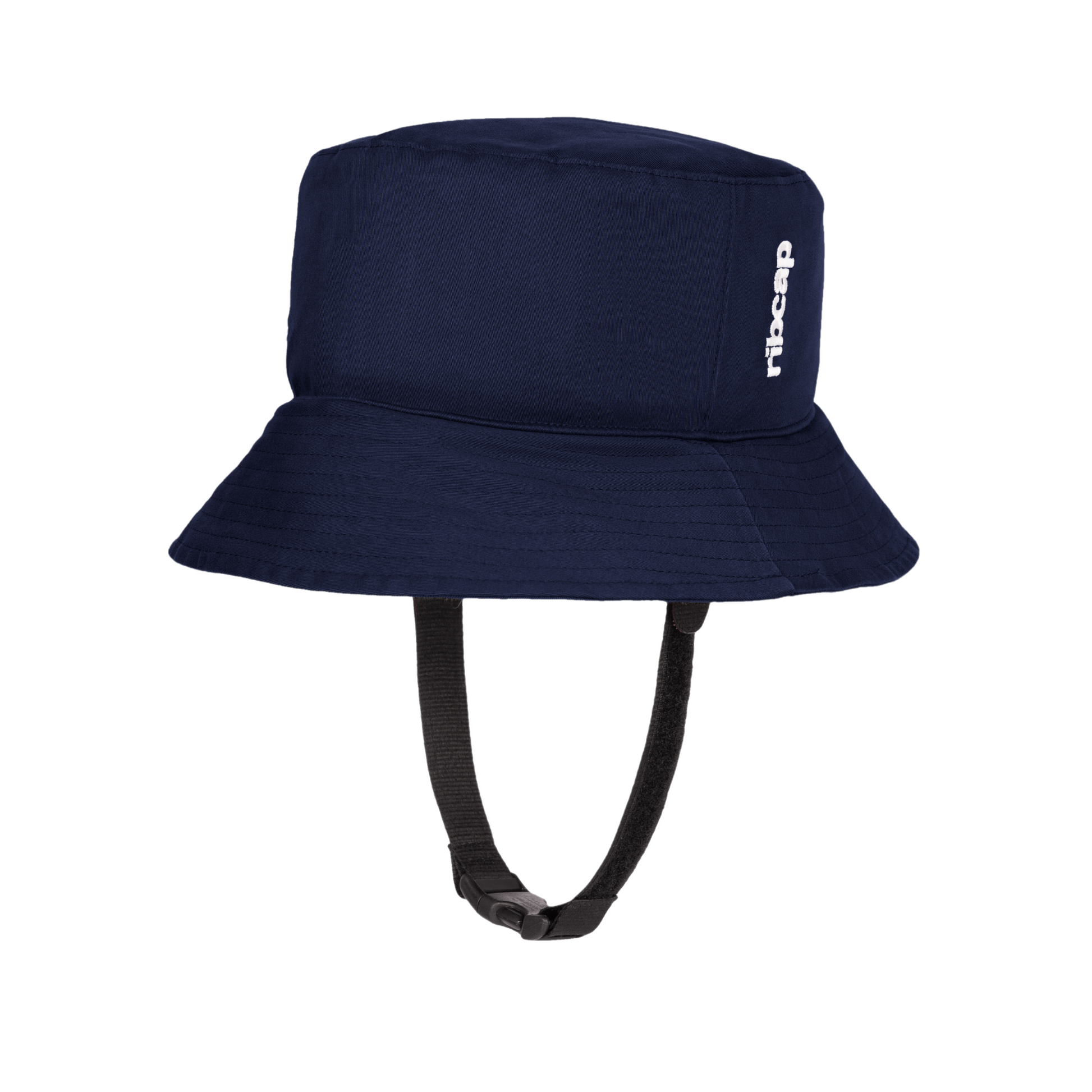 The Ribcap Billie Hat [Navy Blue] by Ribcap is a soft, medical-grade protective bucket hat featuring a chin strap and white logo on the side, shown against a plain white background.