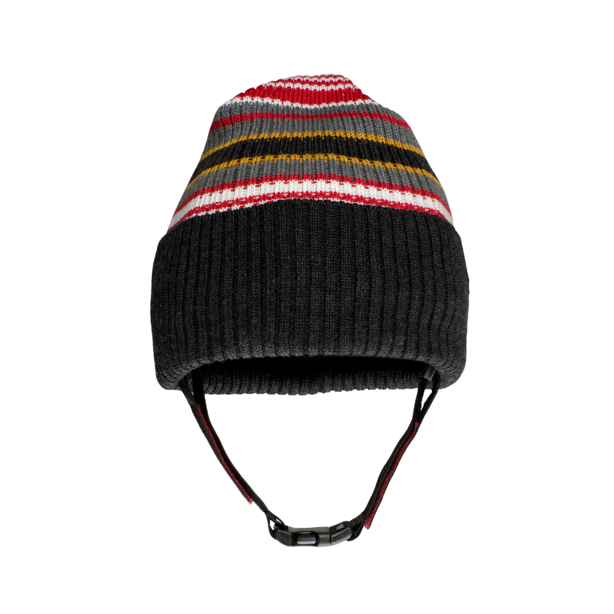The Ribcap Iggy Beanie Protective Helmet [Stripy] by Ribcap is a dark knit beanie with red, gray, yellow, and white stripes, a folded brim, and an adjustable chin strap for a secure fit.