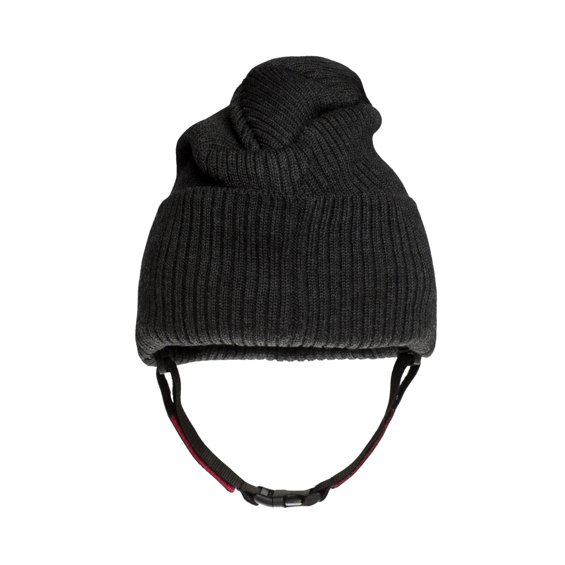 The Ribcap Lenny Beanie Protective Helmet in Anthracite by Ribcap is a black ribbed knit beanie with a soft protective design and an adjustable black chin strap, shown on a white background.