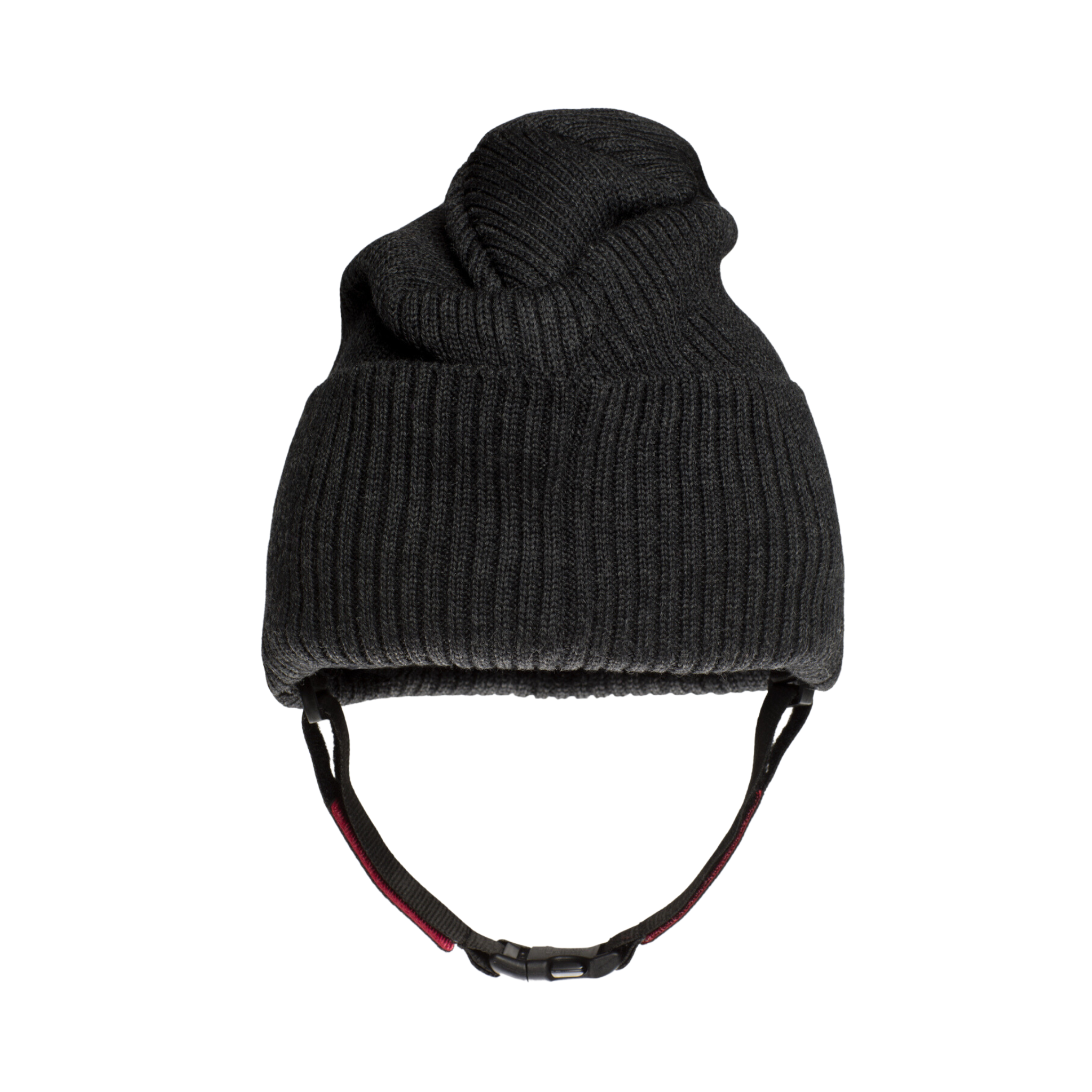 The Ribcap Lenny Beanie Protective Helmet in Anthracite by Ribcap is a black ribbed knit beanie with a soft protective design and an adjustable black chin strap, shown on a white background.