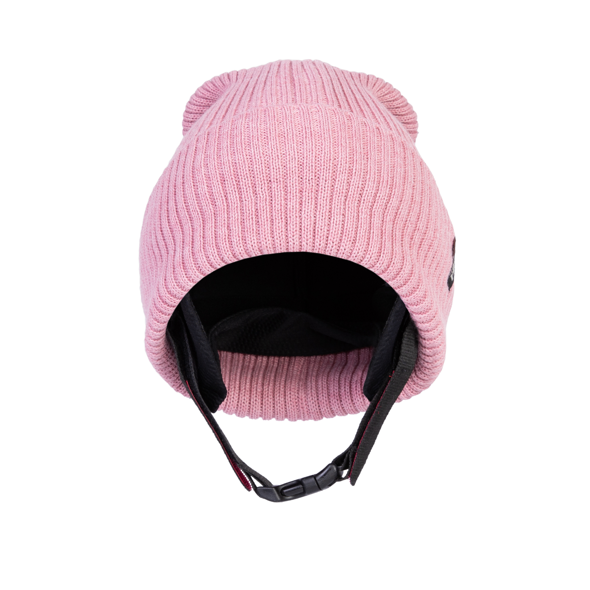 The Ribcap Lenny Beanie Protective Helmet [Rose] by Ribcap is a soft pink helmet with ear flaps, chin strap, and bear-like bumps—perfect as a medical protective helmet for adults with autism. Shown on a white background.