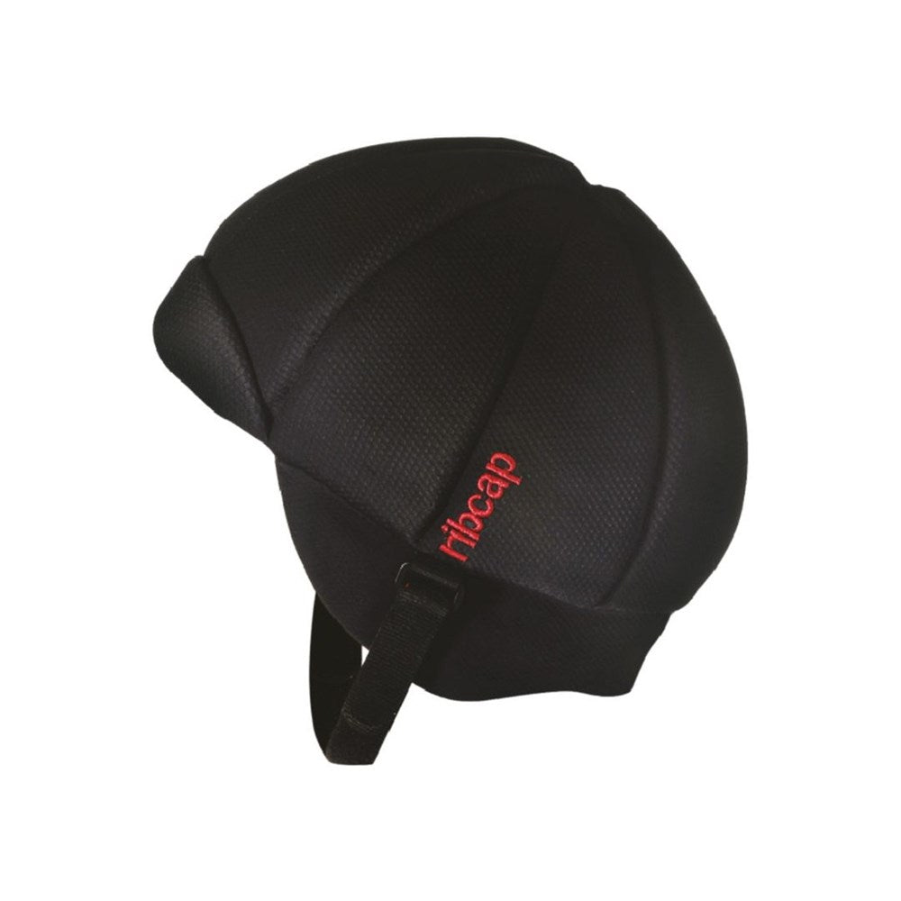 The Ribcap Fox Protective Helmet [Black] by Ribcap is a black medical helmet with a textured surface and chin strap, featuring “ribcap” embroidered in red on the side, shown against a white background.