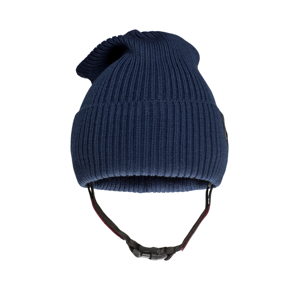 The Ribcap Lenny Beanie Protective Helmet [Marine] by Ribcap is a navy ribbed knit beanie with a folded brim and adjustable black chin strap for adult head protection, shown against a white background.