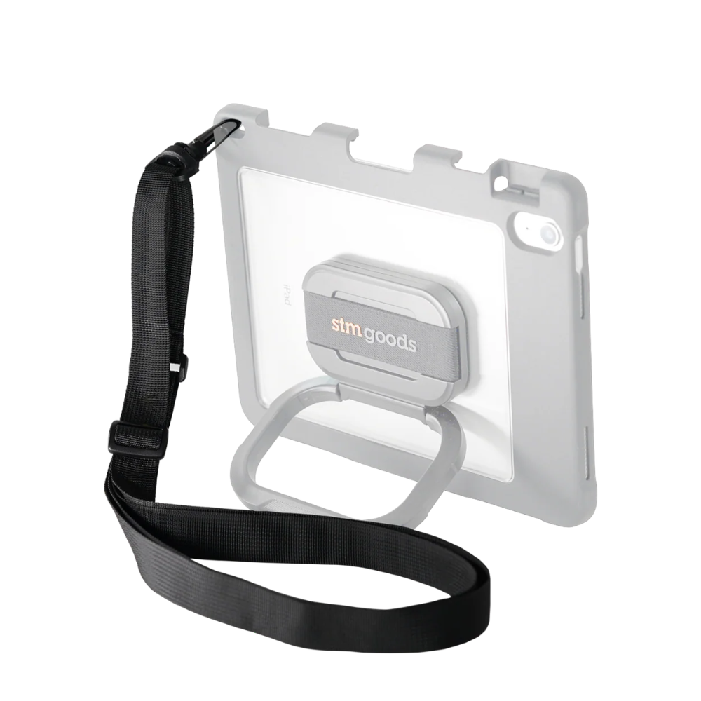 The STM Swivel Case [Black] for iPad A16/10th/11th Gen features a built-in adjustable stand, detachable black shoulder strap, and displays the STM logo on the back.