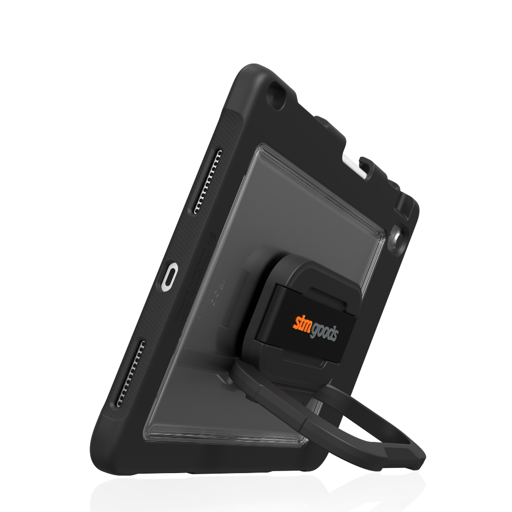 The STM Swivel Case [Black] for iPad A16/10th/11th Gen features a built-in hand strap and foldable stand, displaying the STM logo, shown from a rear side angle on a white background.
