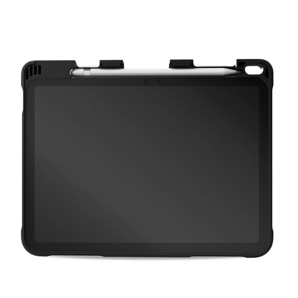 The STM Swivel Case [Black] by STM for iPad A16/10th/11th Gen, shown from the front with the screen off, features a protective design and a stylus securely placed at the top.