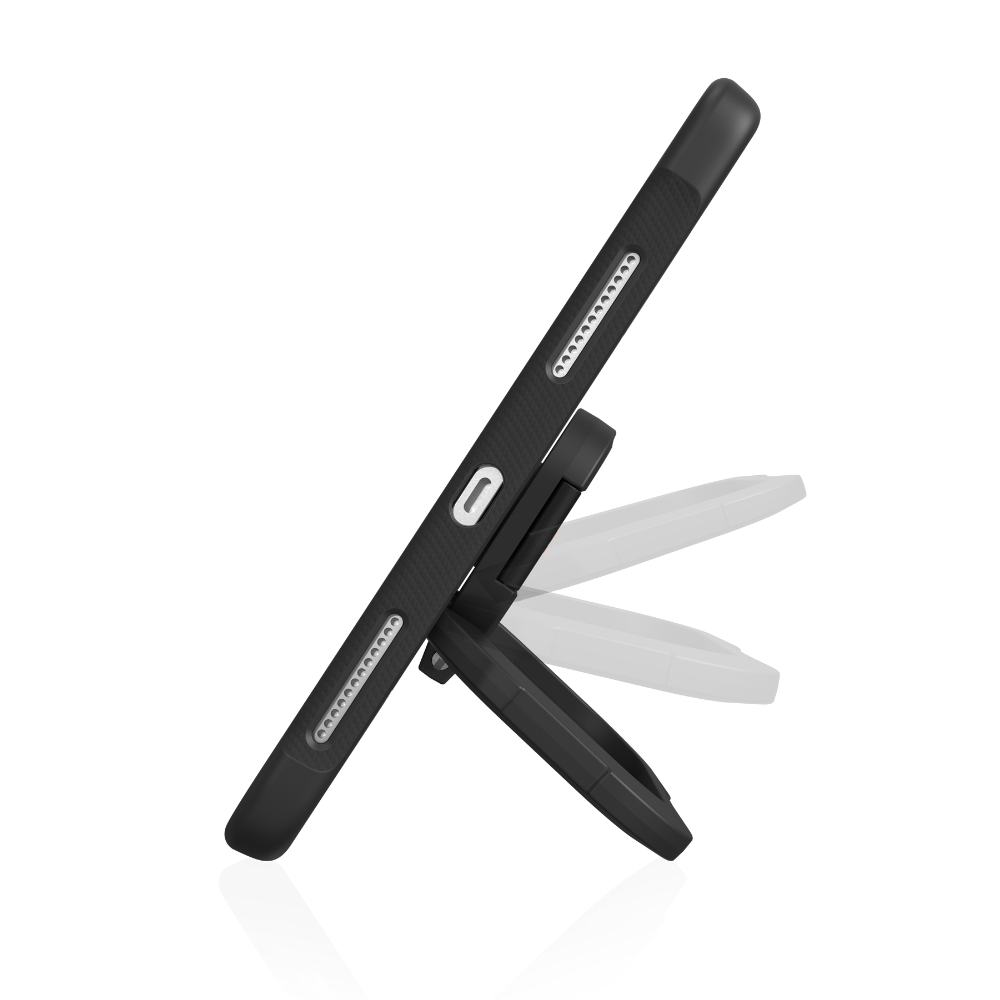 The STM Swivel Case [Black] for iPad A16/10th/11th Gen by STM features a textured design and an integrated kickstand, shown upright and partially folded, all set against a white background.