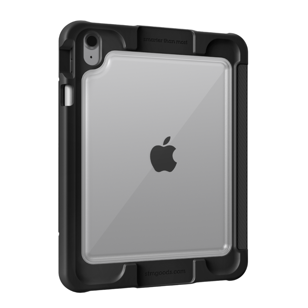 The STM Dux Ultra Case for iPad A16/10th/11th Gen features a clear, rugged design with black reinforced edges, Apple Pencil storage, accessible buttons/camera, visible Apple logo on the back, and STM branding at the bottom.