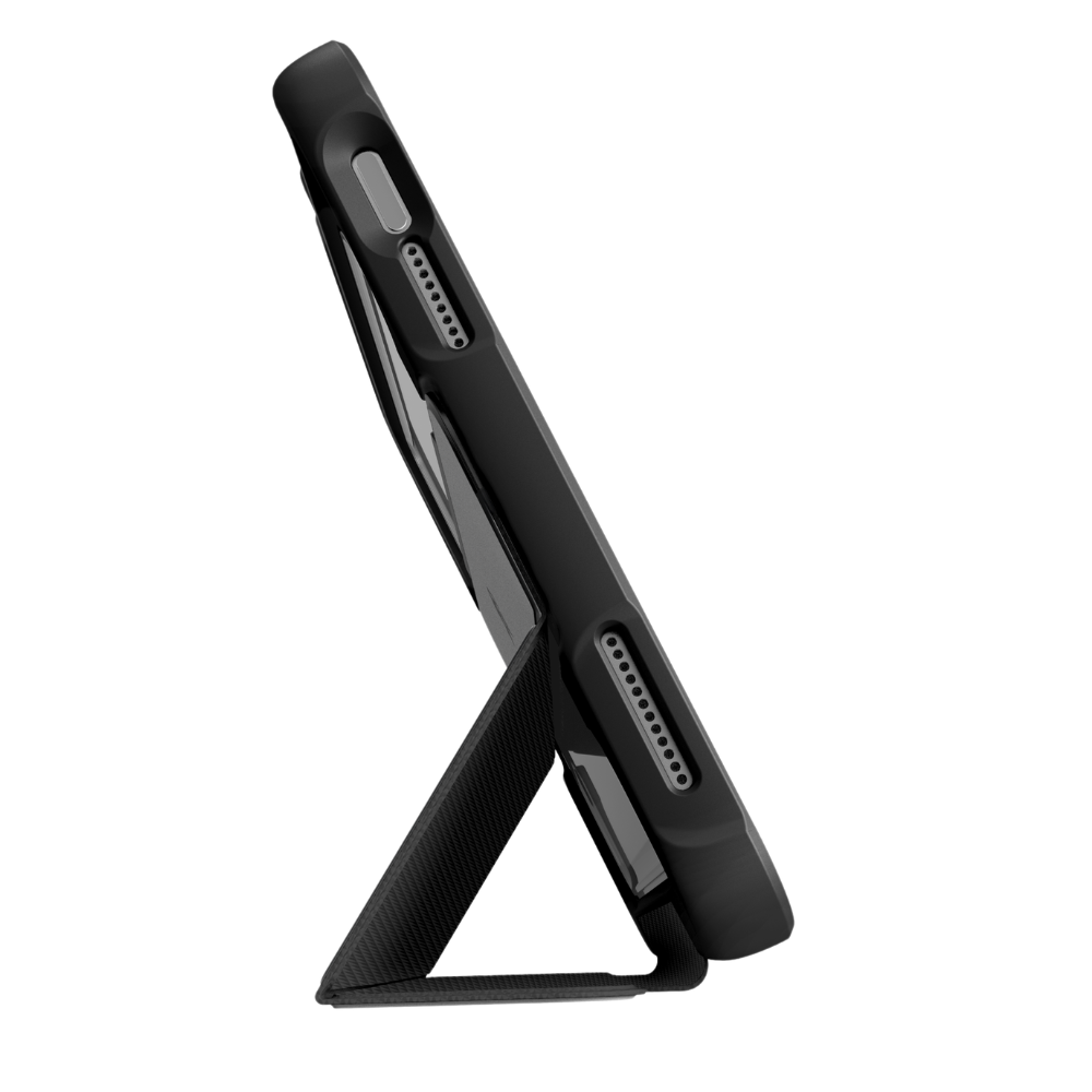 The STM Dux Ultra Case for iPad A16/10th/11th Gen by STM is shown from the side in landscape orientation, featuring a rugged black design with Apple Pencil storage, similar to a sturdy smartphone kickstand case.