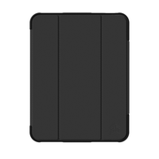 The STM Dux Ultra Case for iPad A16/10th/11th Gen by STM is a black rugged case with a textured finish, three vertical folds, rounded corners, subtle bottom-right logo, and built-in Apple Pencil storage.