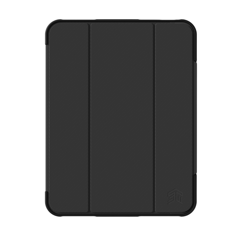 The STM Dux Ultra Case for iPad A16/10th/11th Gen by STM is a black rugged case with a textured finish, three vertical folds, rounded corners, subtle bottom-right logo, and built-in Apple Pencil storage.