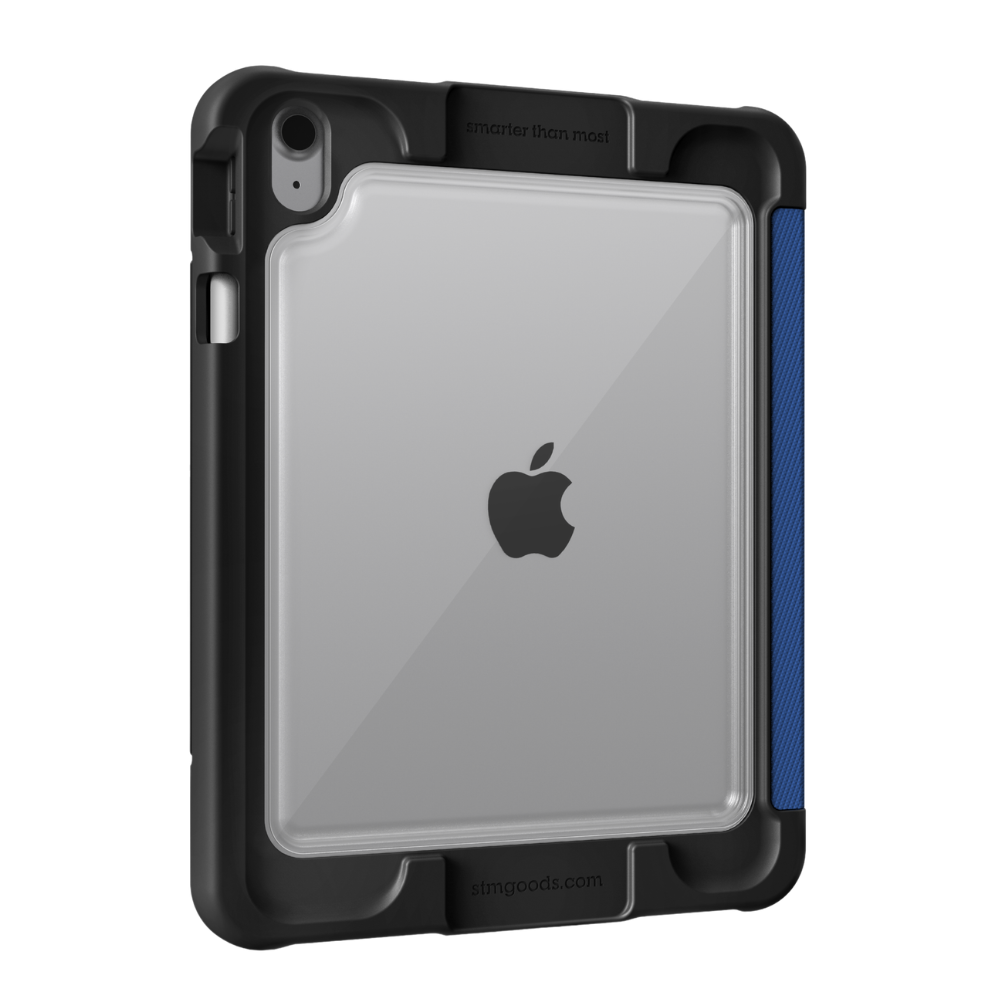 The STM Dux Ultra Case for iPad A16/10th/11th Gen by STM features a clear, rugged design with black edges, a blue grip, transparent back to show the Apple logo, and a left-side holder for easy Apple Pencil storage.