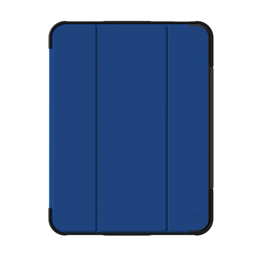 The STM Dux Ultra Case for iPad A16/10th/11th Gen by STM is a blue rugged case with black edges, a textured surface, foldable front cover with an embossed logo, and built-in Apple Pencil storage.