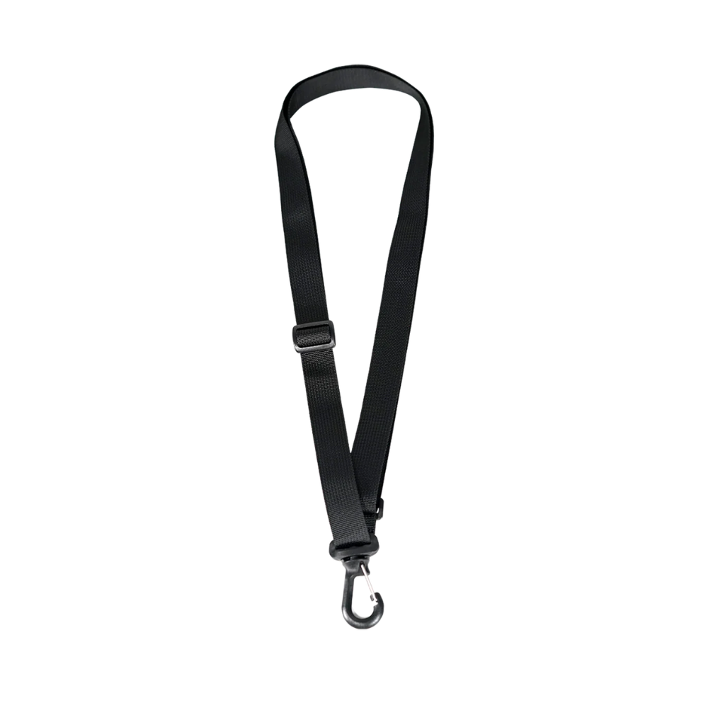 The STM Swivel Case [Black] (for iPad A16/10th/11th Gen) by STM is shown on a white background, featuring an adjustable black lanyard with a plastic buckle and metal swivel hook clip.