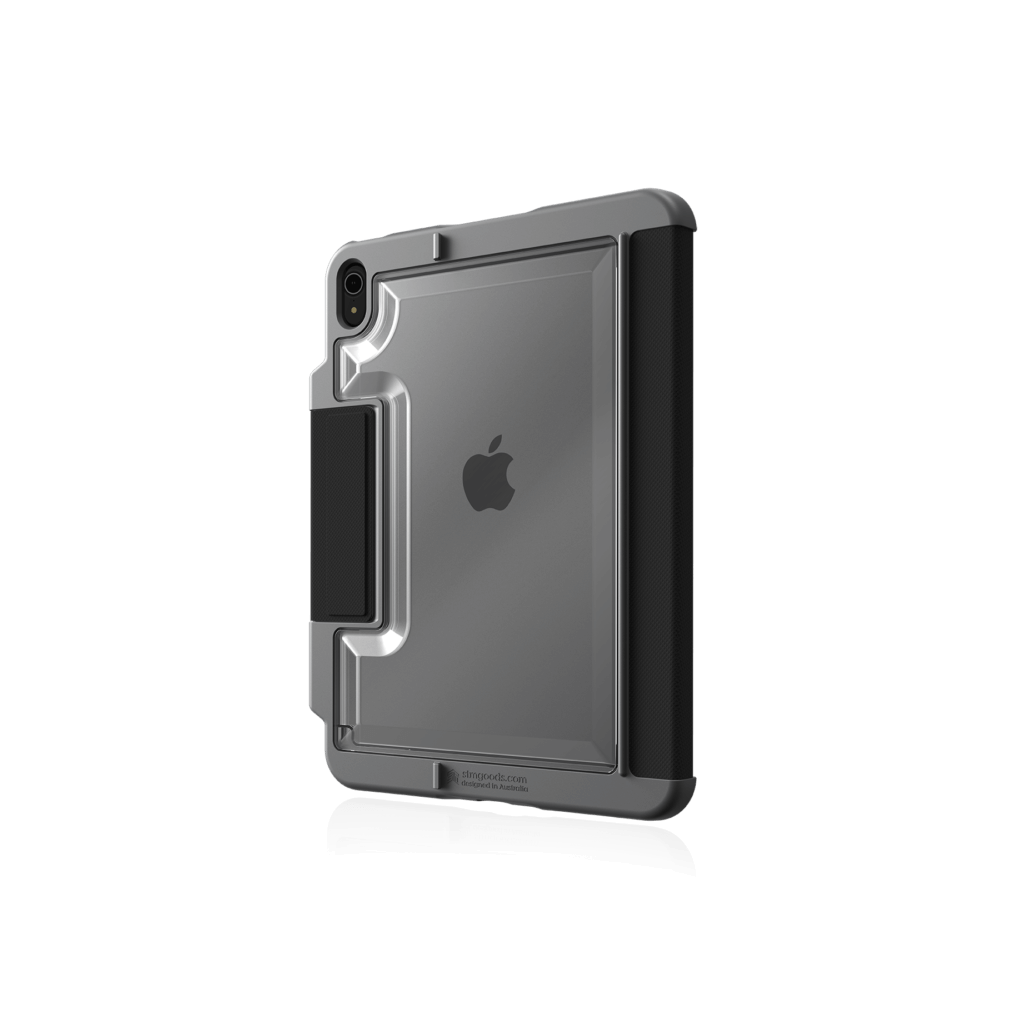 The STM Dux Plus Case [Black] for iPad A16/10th/11th Gen by STM is a rugged, transparent case with black edges, reinforced corners, military drop protection, clear back to display the Apple logo, and a built-in Apple Pencil storage slot.