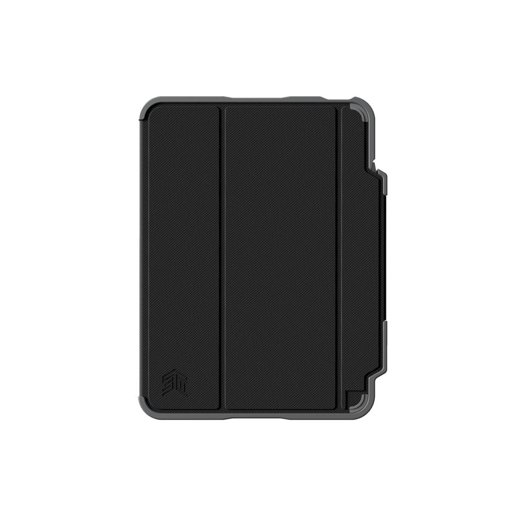 The STM Dux Plus Case [Black] for iPad A16/10th/11th Gen is shown closed with a textured surface, foldable front cover, Apple Pencil storage, STM logo on the lower left, and reinforced edges for military-grade drop protection.
