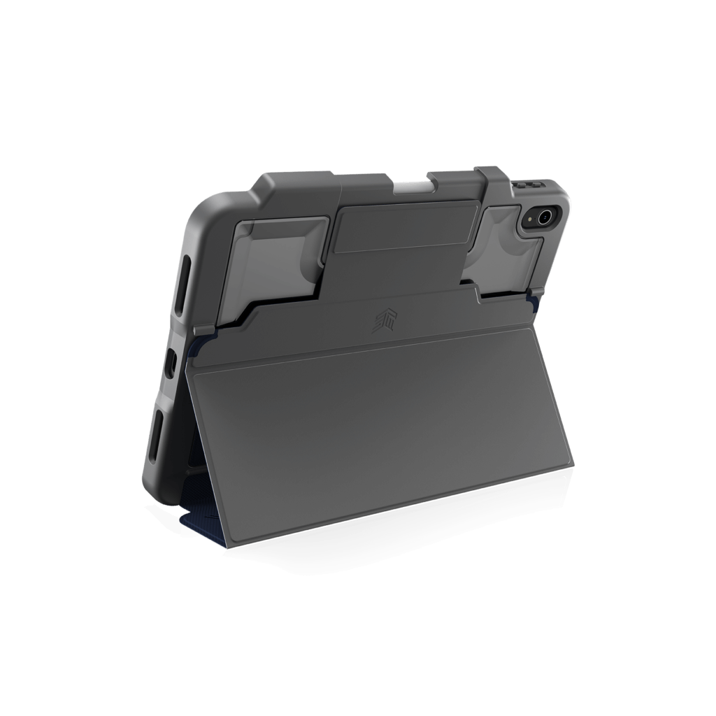 The STM Dux Plus Case [Midnight Blue] for iPad A16/10th/11th Gen by STM is shown propping up a tablet on a white background, featuring reinforced corners, military-grade drop protection, and a built-in foldable stand.