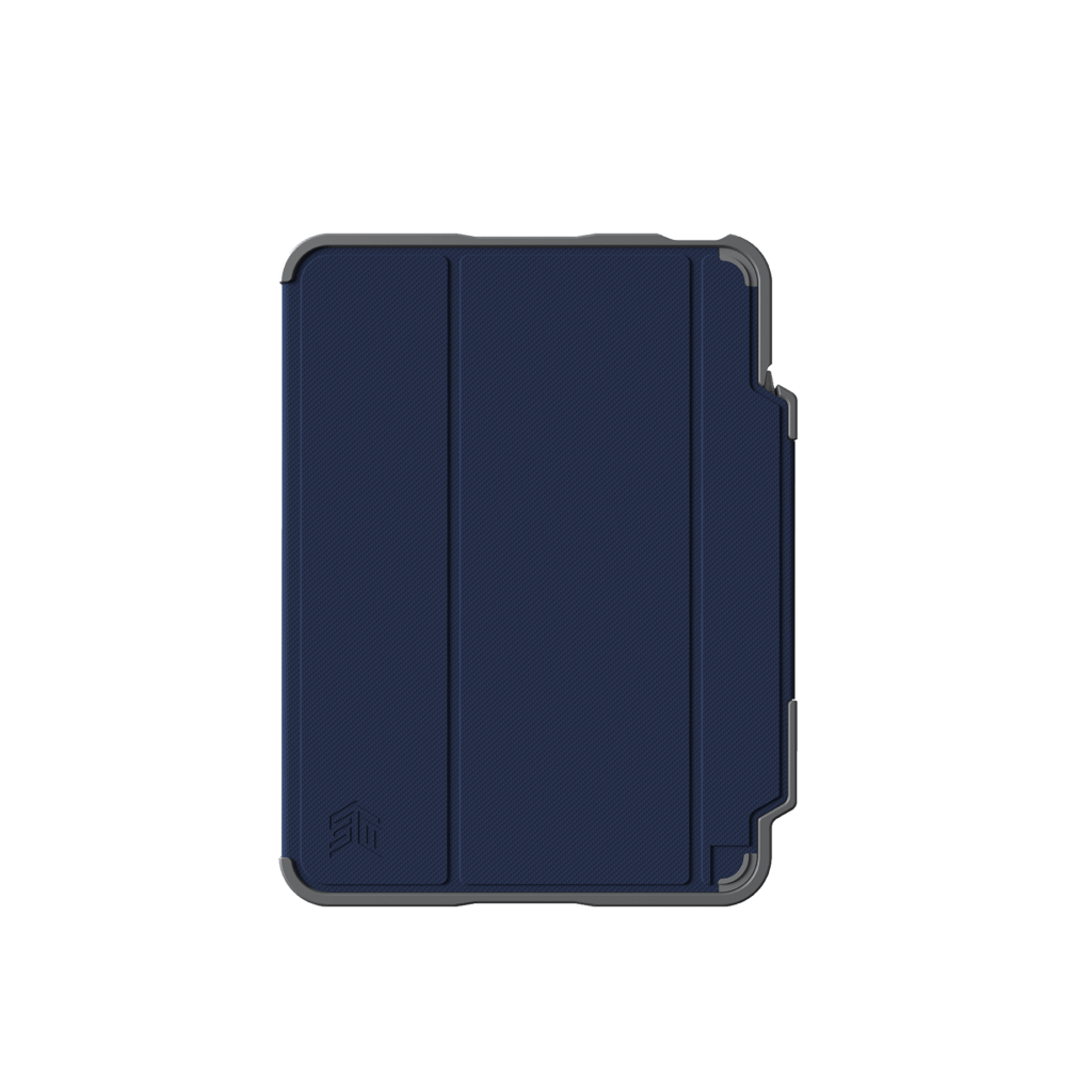 The STM Dux Plus Case [Midnight Blue] for iPad A16/10th/11th Gen features a textured rugged design, military drop protection, reinforced corners, foldable cover, and Apple Pencil storage. Shown on a plain white background.