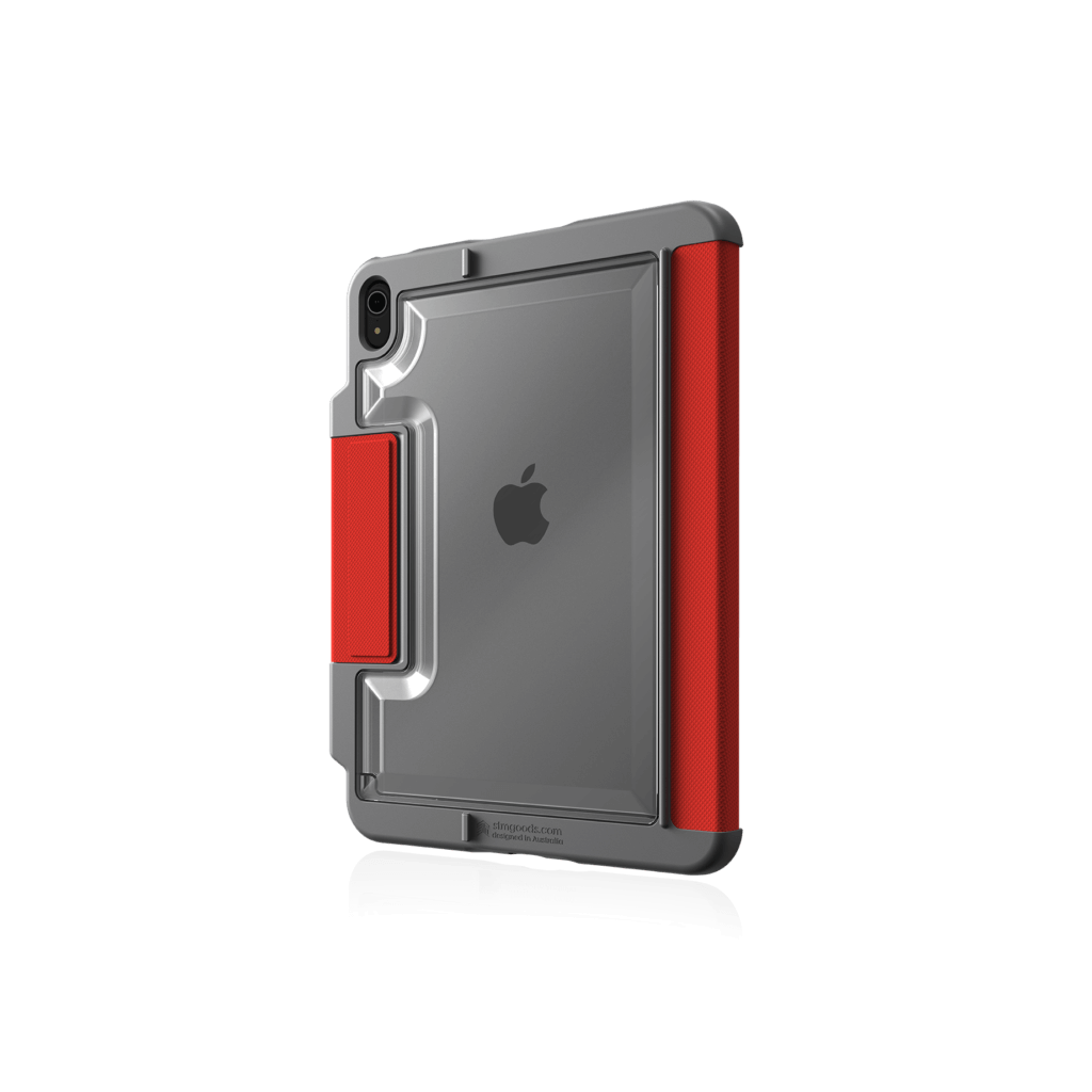 The STM Dux Plus Case [Red] for iPad A16/10th/11th Gen offers military grade drop protection, Apple Pencil storage, and shows the Apple logo through its rugged gray and red design, displayed on a plain white background.