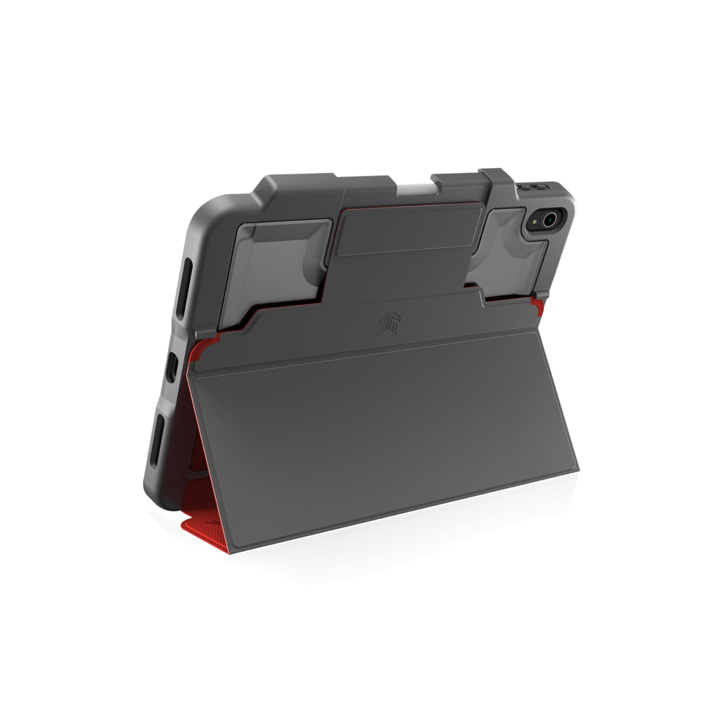 The STM Dux Plus Case [Red] for iPad A16/10th/11th Gen is a rugged iPad case with reinforced corners, military-grade drop protection, red accents inside, and a built-in foldable stand for landscape viewing.