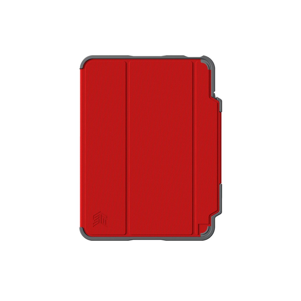 The STM Dux Plus Case [Red] for iPad A16/10th/11th Gen features a textured, rugged design with grey reinforced edges and foldable front cover for military-grade drop protection, shown closed against a plain white background.