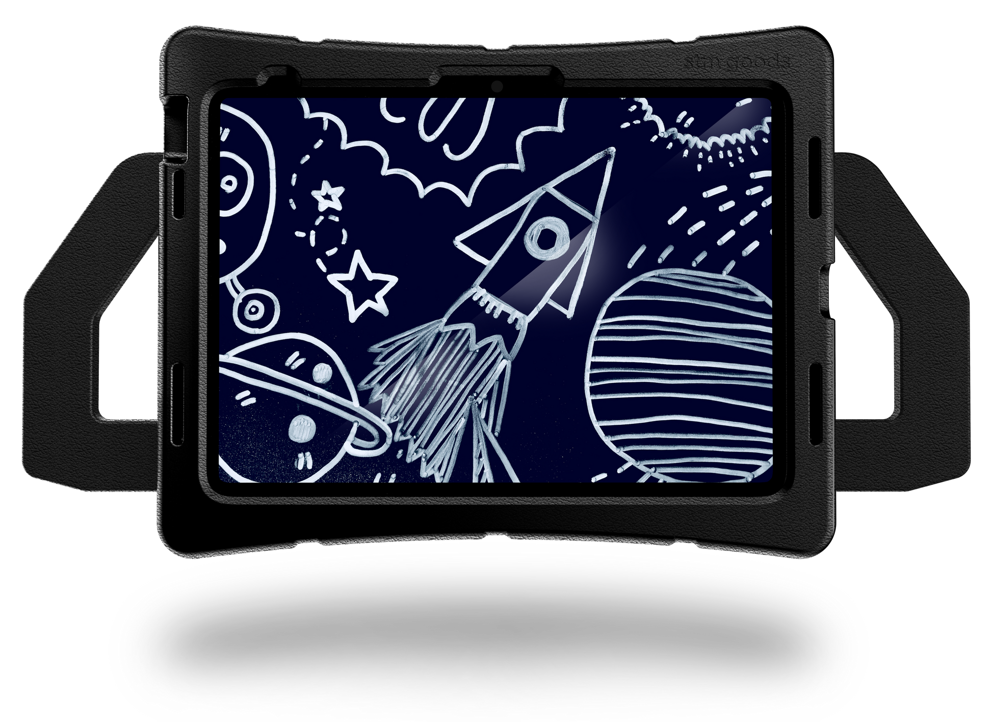An STM Duxling [Black] (for iPad A16/10th/11th Gen) by STM displays a blue and white space-themed illustration of a rocket, planets, and stars on the screen.