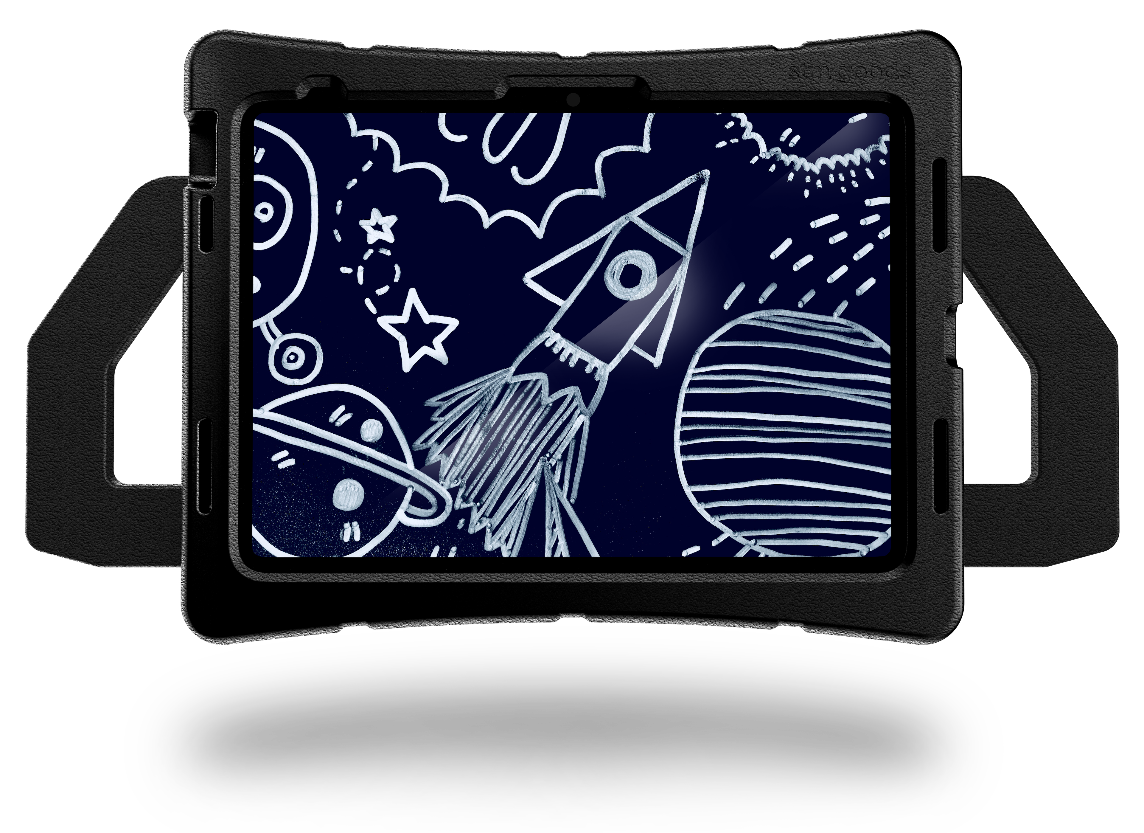 An STM Duxling [Black] (for iPad A16/10th/11th Gen) by STM displays a blue and white space-themed illustration of a rocket, planets, and stars on the screen.