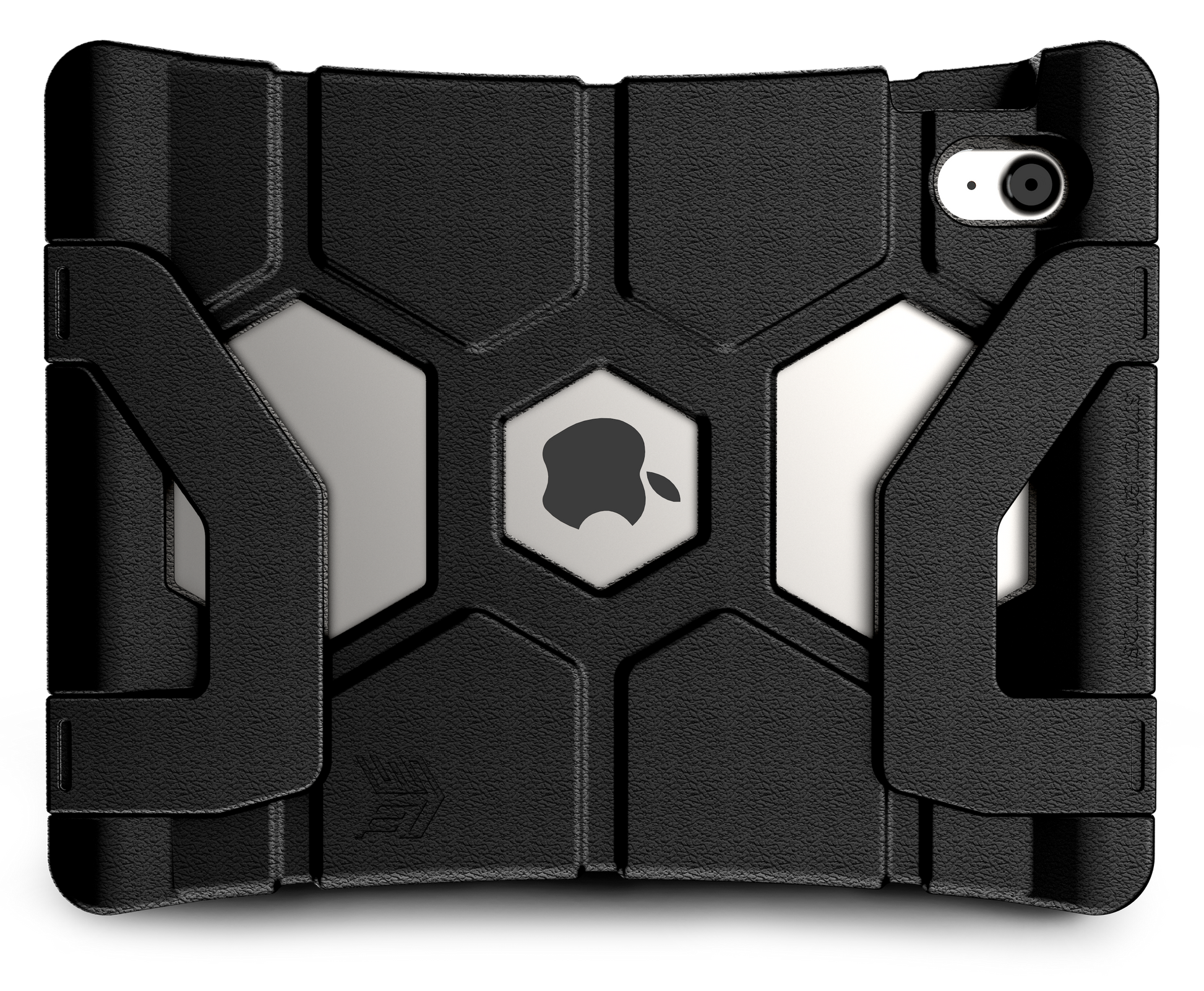 An STM Duxling [Black] case for iPad A16/10th/11th Gen by STM covers a silver iPad, showing the Apple logo through a center cutout and leaving the camera lens exposed in the top right corner.