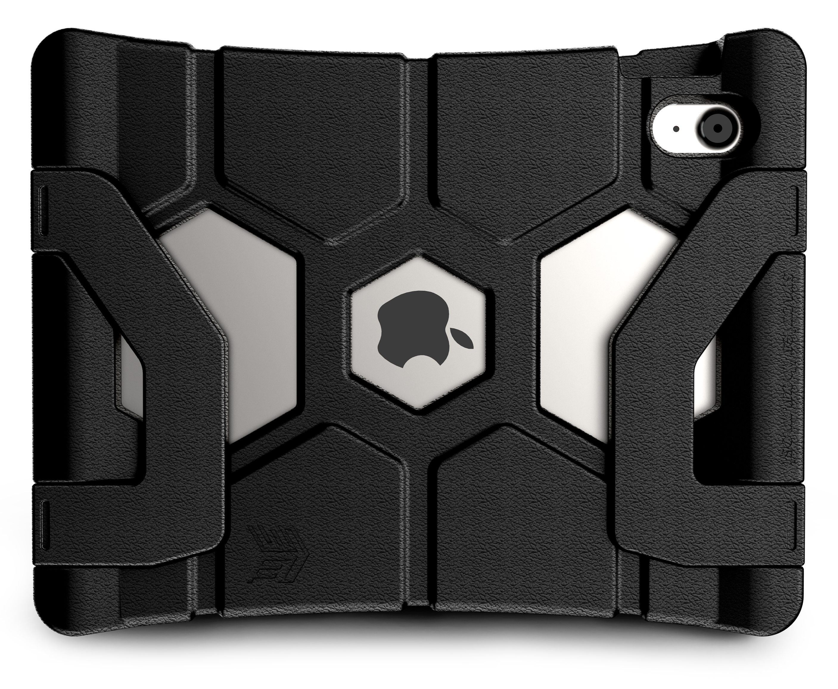 An STM Duxling [Black] case for iPad A16/10th/11th Gen by STM covers a silver iPad, showing the Apple logo through a center cutout and leaving the camera lens exposed in the top right corner.