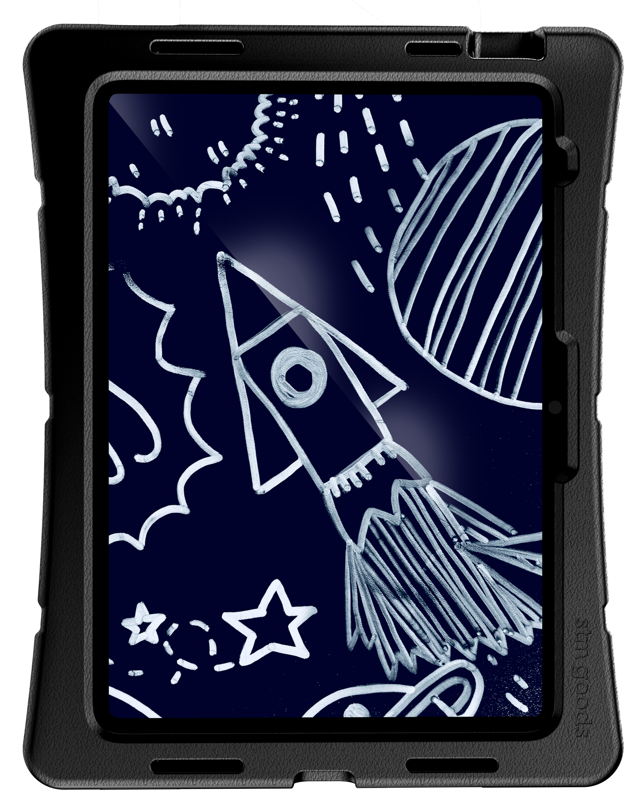 An iPad in the STM Duxling [Black] case (for iPad A16/10th/11th Gen) by STM displays a white chalk-style rocket, stars, and planets doodle on a dark blue background, creating a space-themed effect.