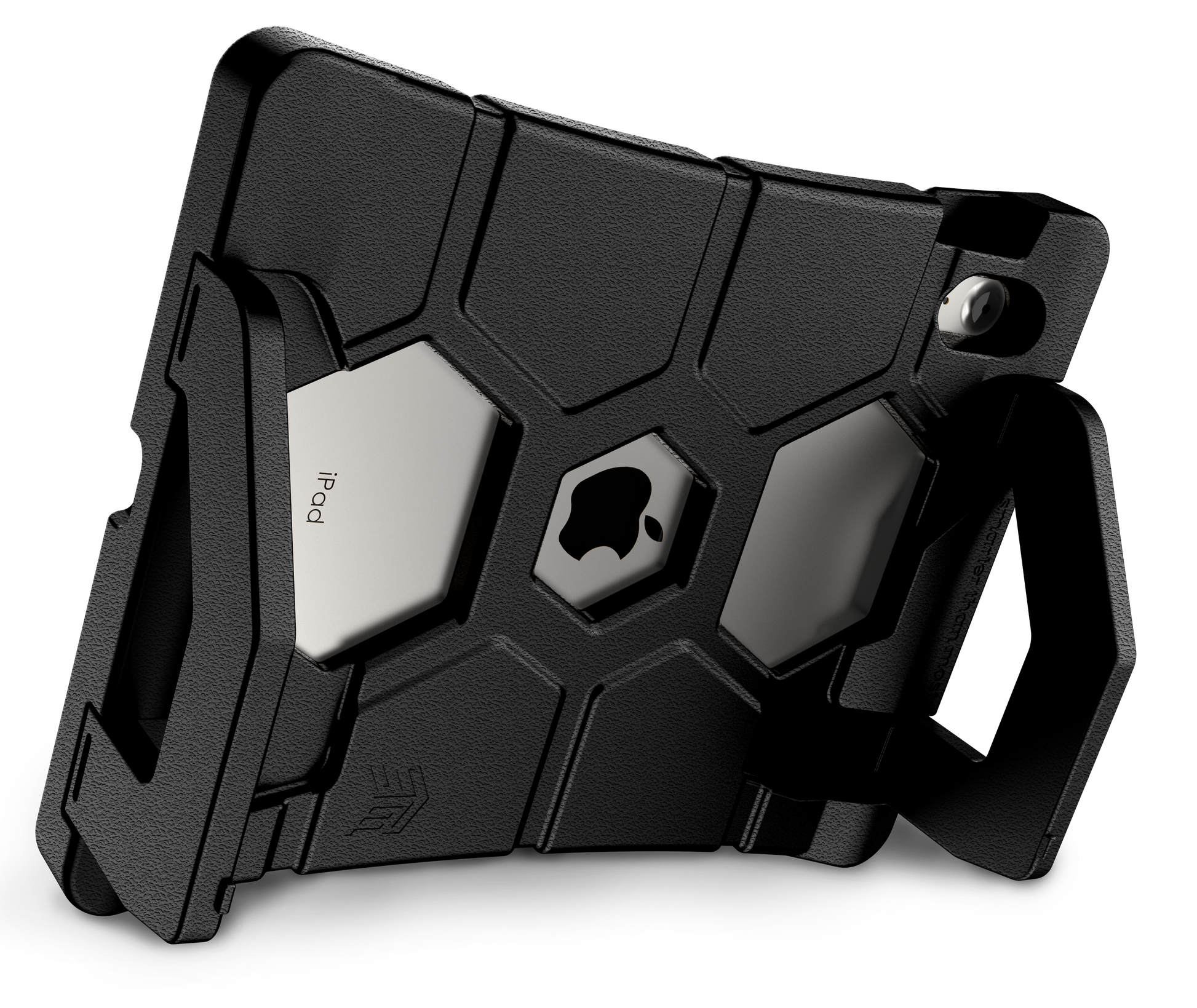 The STM Duxling [Black] case for iPad A16/10th/11th Gen features durable EVA foam, a built-in handle and stand, and a back cutout showing the Apple logo and "iPad," providing ultra-protection in a rugged design.