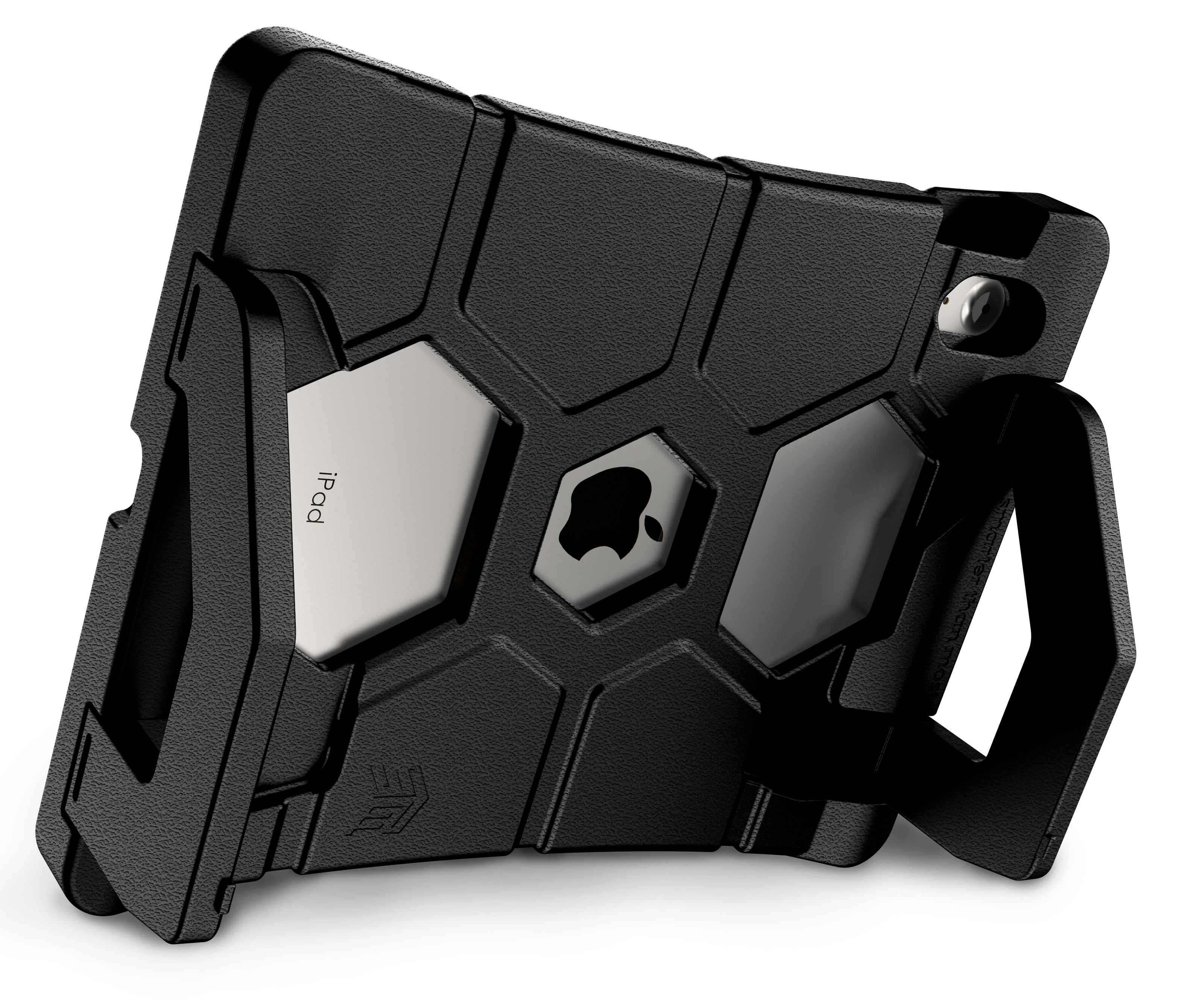 The STM Duxling [Black] case for iPad A16/10th/11th Gen features durable EVA foam, a built-in handle and stand, and a back cutout showing the Apple logo and "iPad," providing ultra-protection in a rugged design.