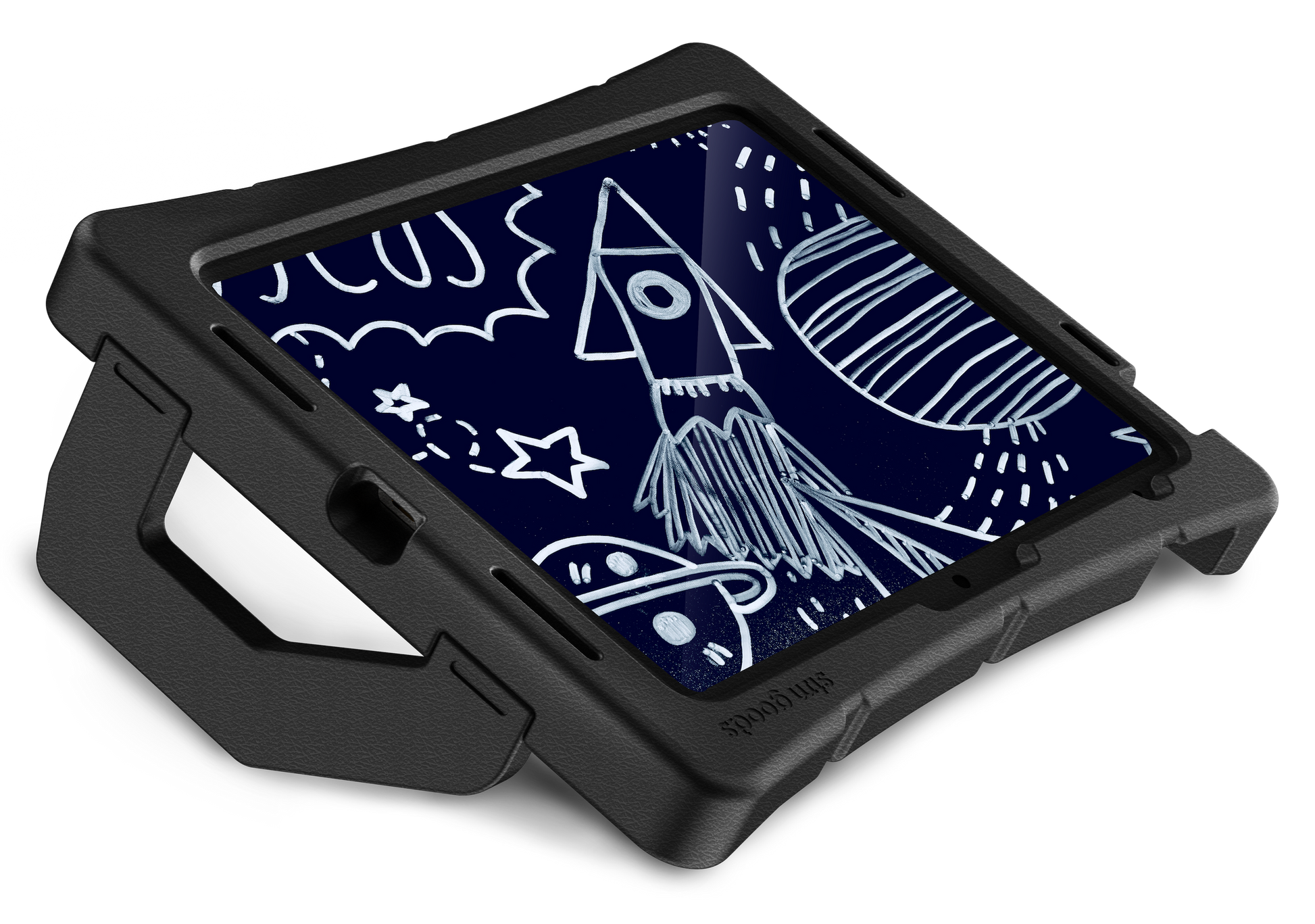 An STM Duxling [Black] ultra-protective case for iPad A16/10th/11th Gen is shown propped up with its handle, displaying a child’s drawing of a rocket, stars, and planets in white on a dark blue background. Brand: STM.