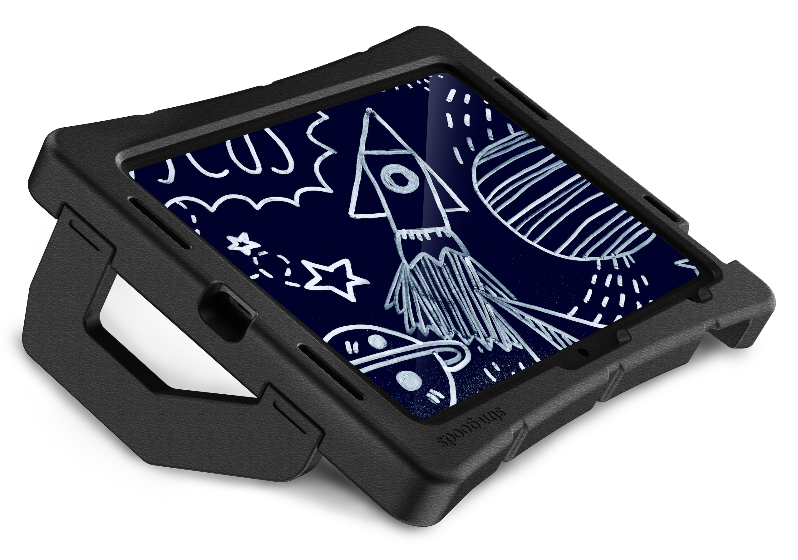 An STM Duxling [Black] ultra-protective case for iPad A16/10th/11th Gen is shown propped up with its handle, displaying a child’s drawing of a rocket, stars, and planets in white on a dark blue background. Brand: STM.