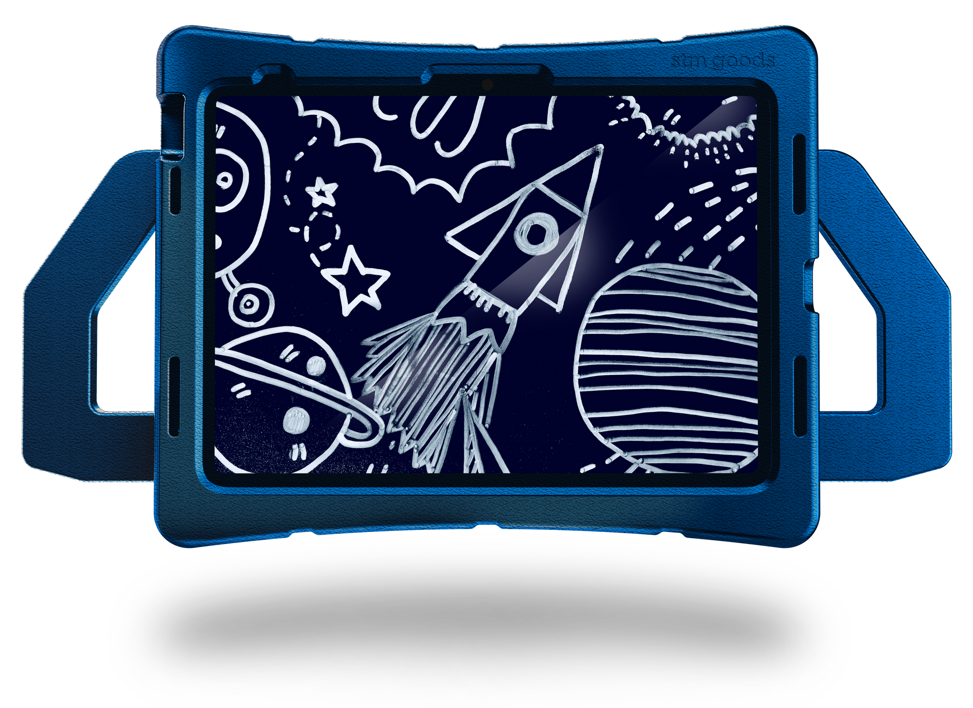 An STM Duxling [Blue] case for iPad A16/10th/11th Gen protects a tablet displaying a digital drawing of a rocket flying through space with planets, stars, and cosmic doodles on a dark background.