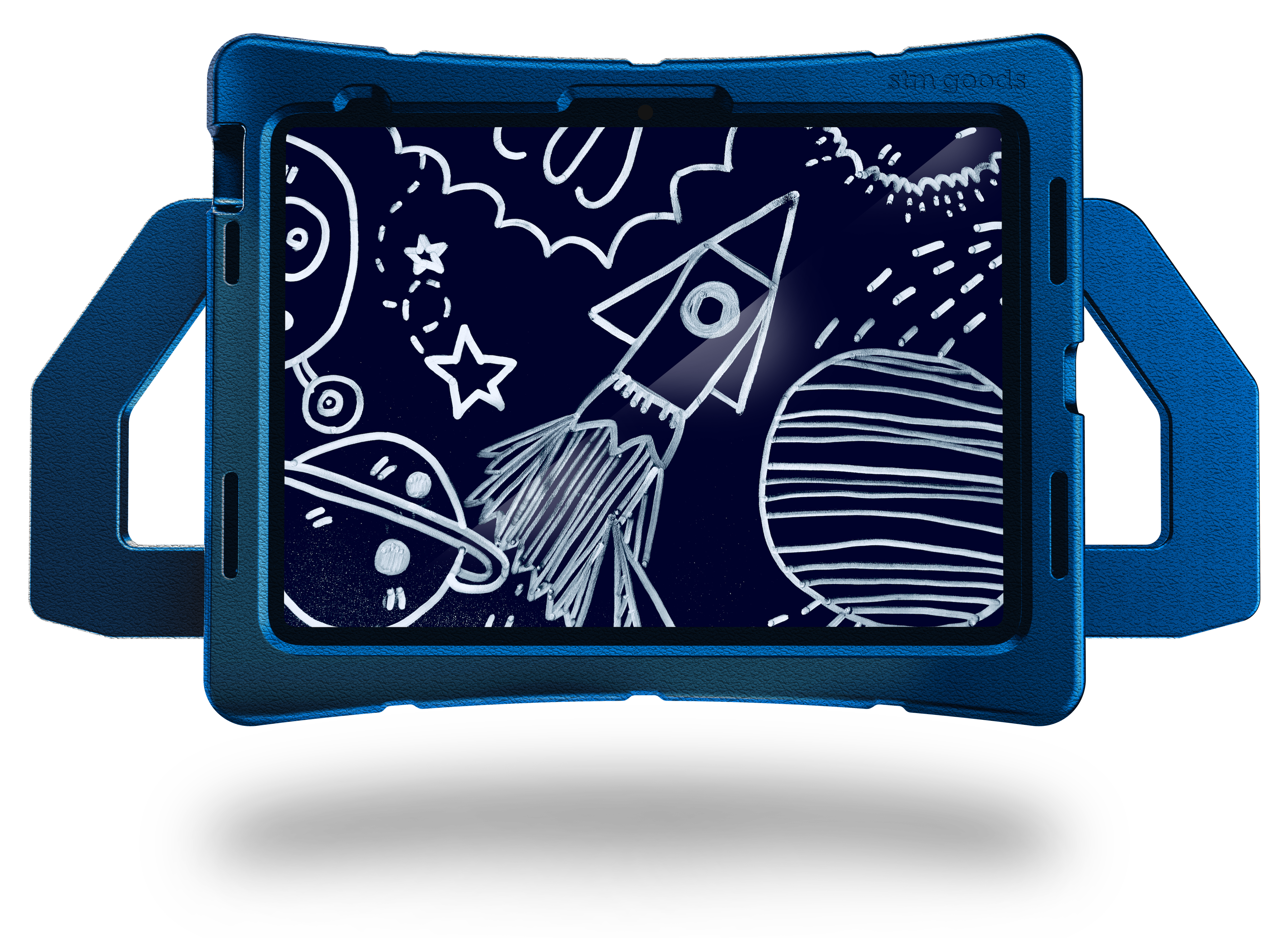 An STM Duxling [Blue] case for iPad A16/10th/11th Gen protects a tablet displaying a digital drawing of a rocket flying through space with planets, stars, and cosmic doodles on a dark background.