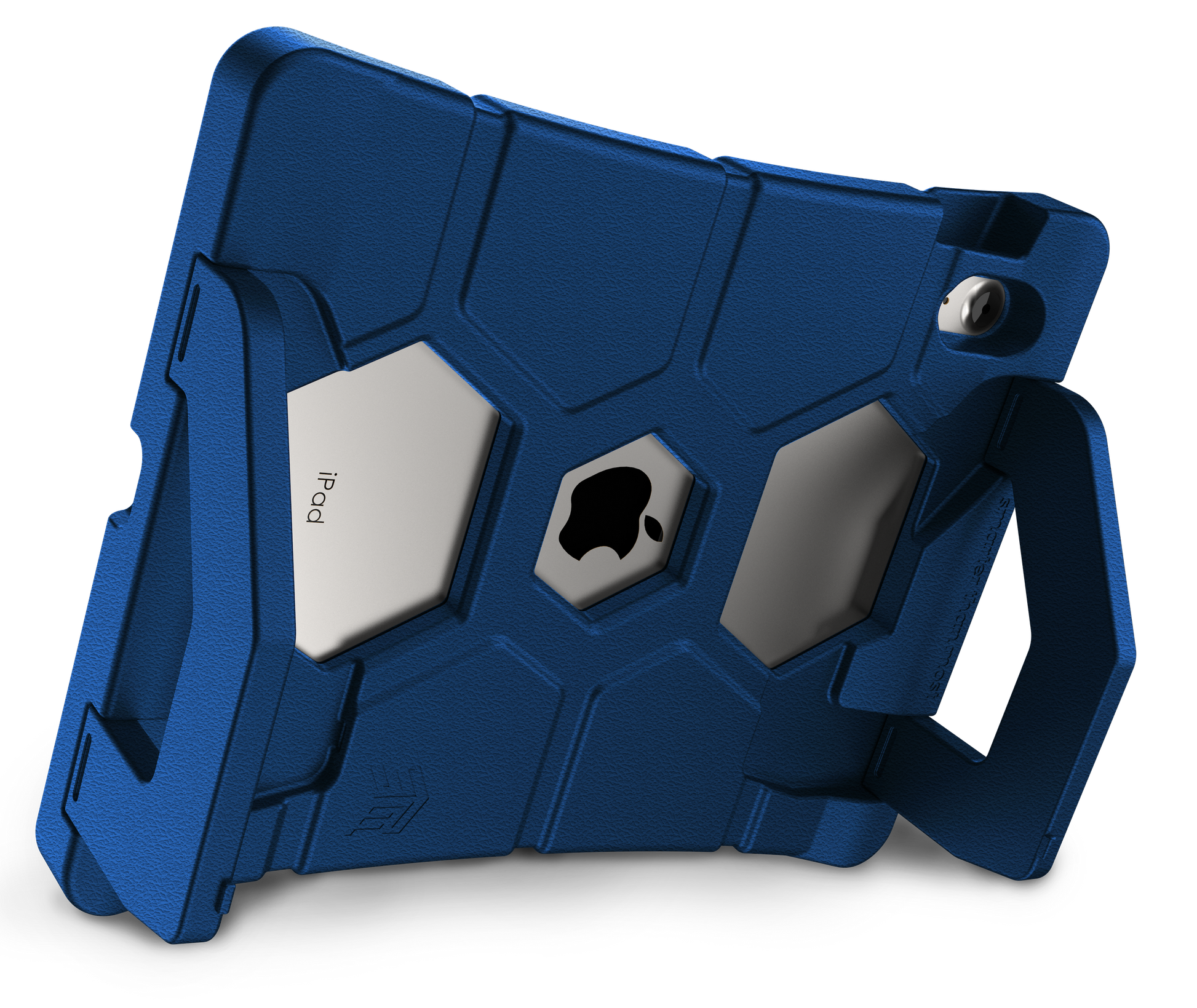 The STM Duxling [Blue] iPad case for A16/10th/11th Gen, made of durable EVA foam, has dual handles and a hexagonal design, showing the Apple logo and camera cutout for a stylish, ultra-protective look.