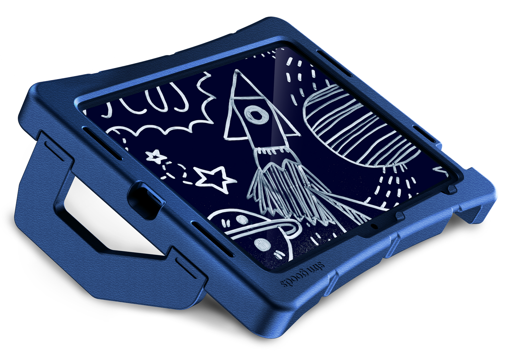 The STM Duxling [Blue] EVA foam case by STM, designed for iPad A16/10th/11th Gen, features a built-in handle and holds a tablet displaying a white hand-drawn rocket, stars, and planets on a dark blue background.