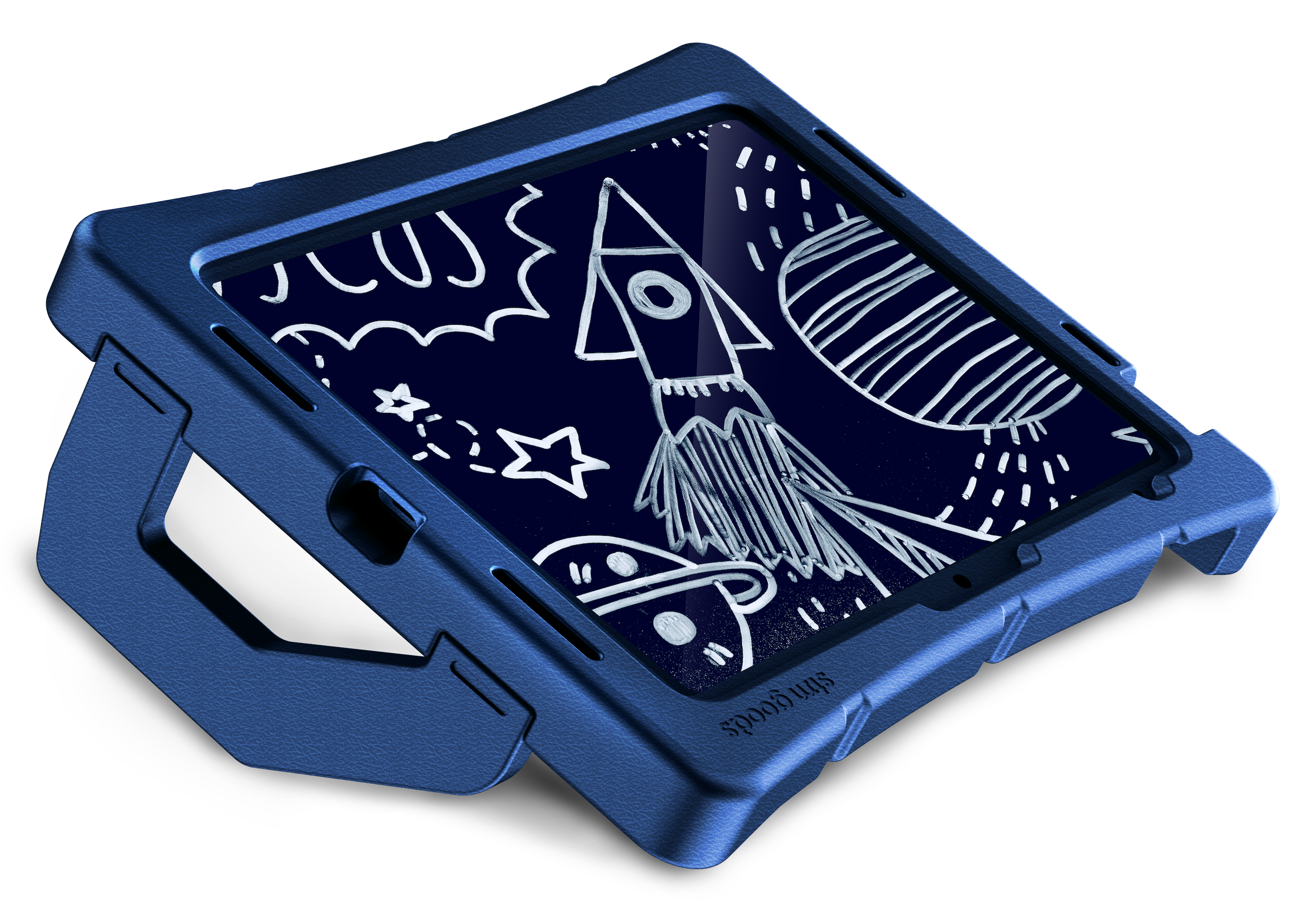 The STM Duxling [Blue] EVA foam case by STM, designed for iPad A16/10th/11th Gen, features a built-in handle and holds a tablet displaying a white hand-drawn rocket, stars, and planets on a dark blue background.