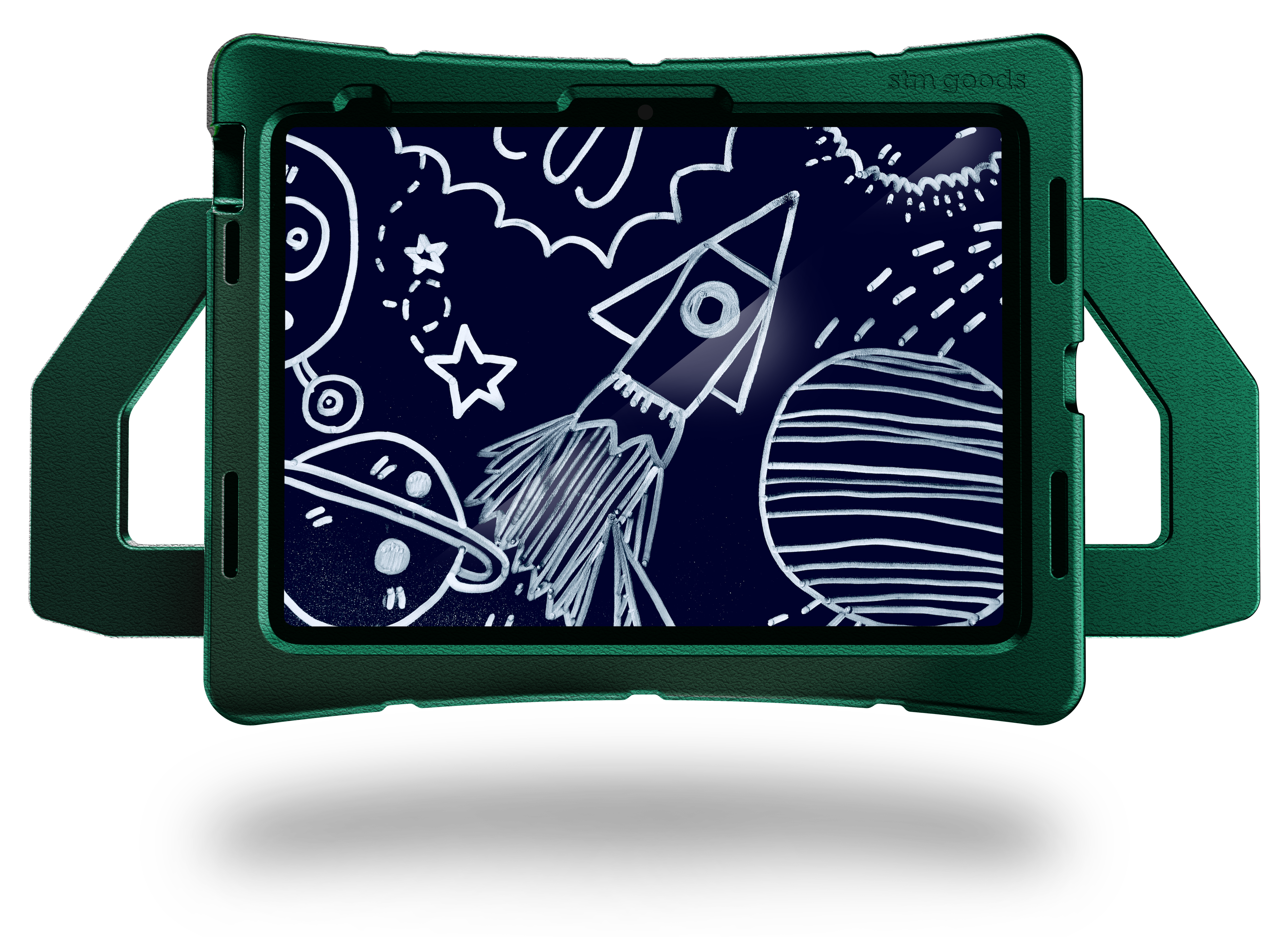 An STM Duxling [Green] case for iPad (A16/10th/11th Gen) shows a white chalk-style rocket, planets, and stars on a dark background, creating a space-themed look.