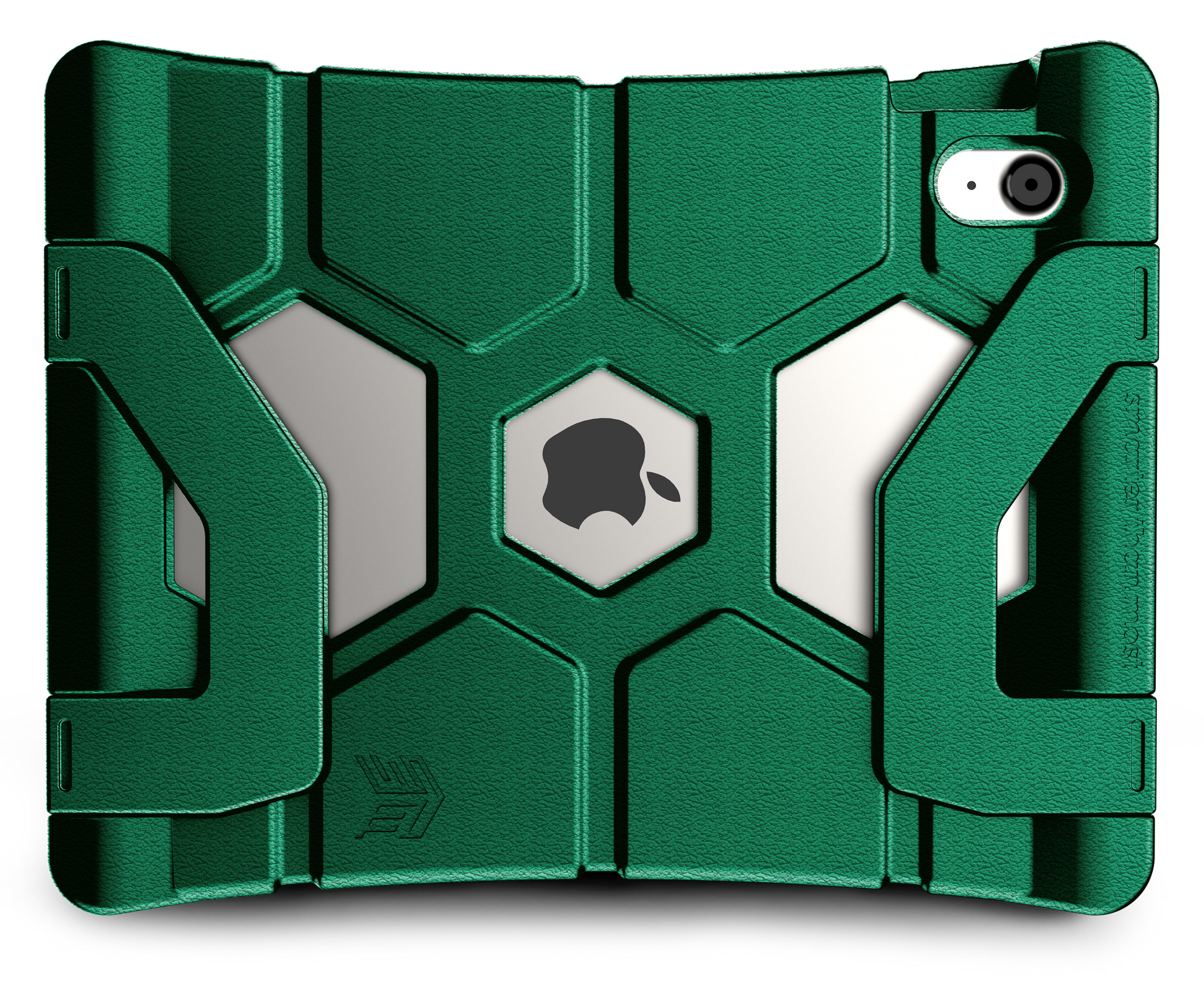 The STM Duxling [Green] case for iPad A16/10th/11th Gen features a metallic green finish with angular geometric patterns, showcasing the Apple logo and camera for a sleek, ultra-protective look.