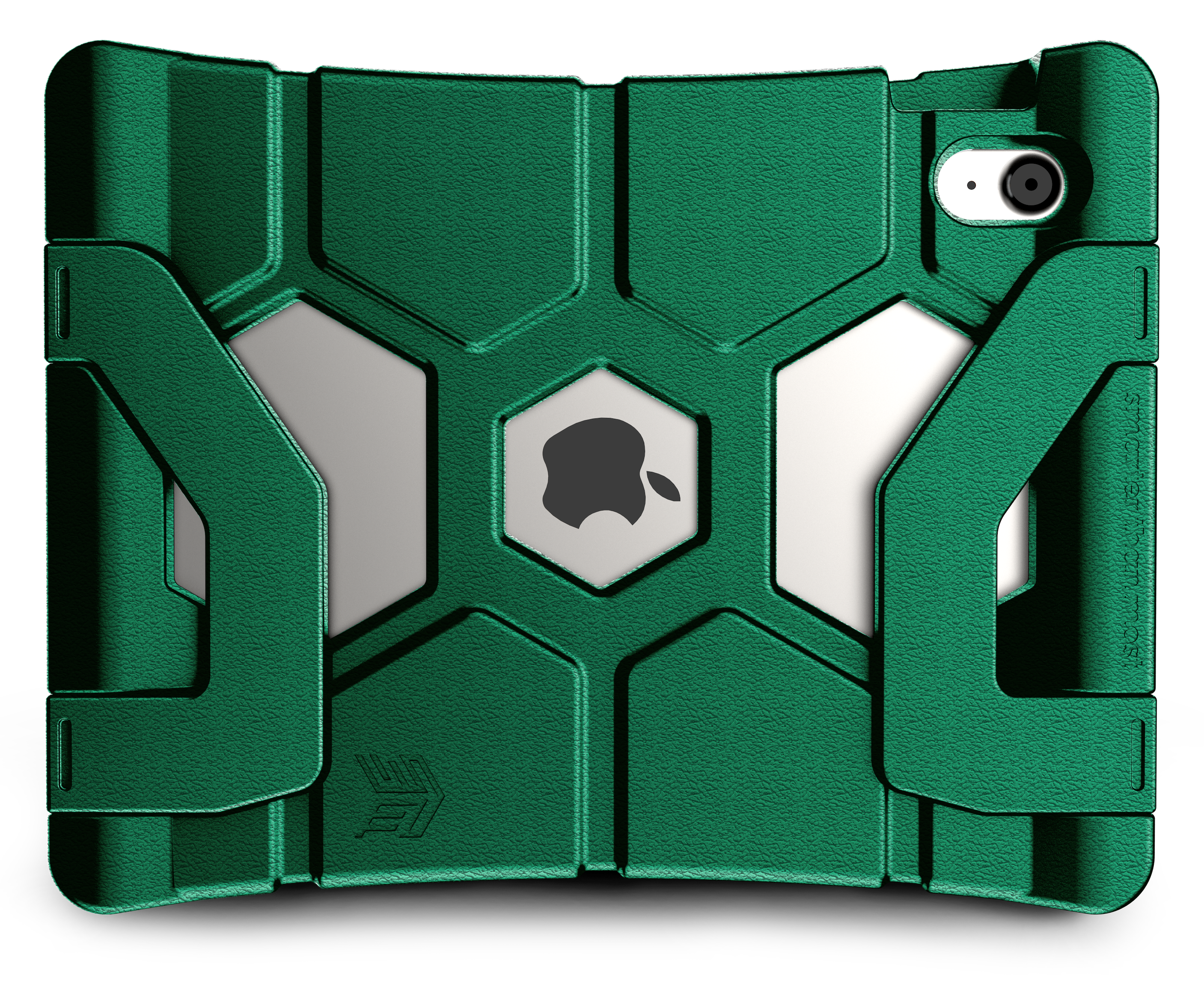 The STM Duxling [Green] case for iPad A16/10th/11th Gen features a metallic green finish with angular geometric patterns, showcasing the Apple logo and camera for a sleek, ultra-protective look.