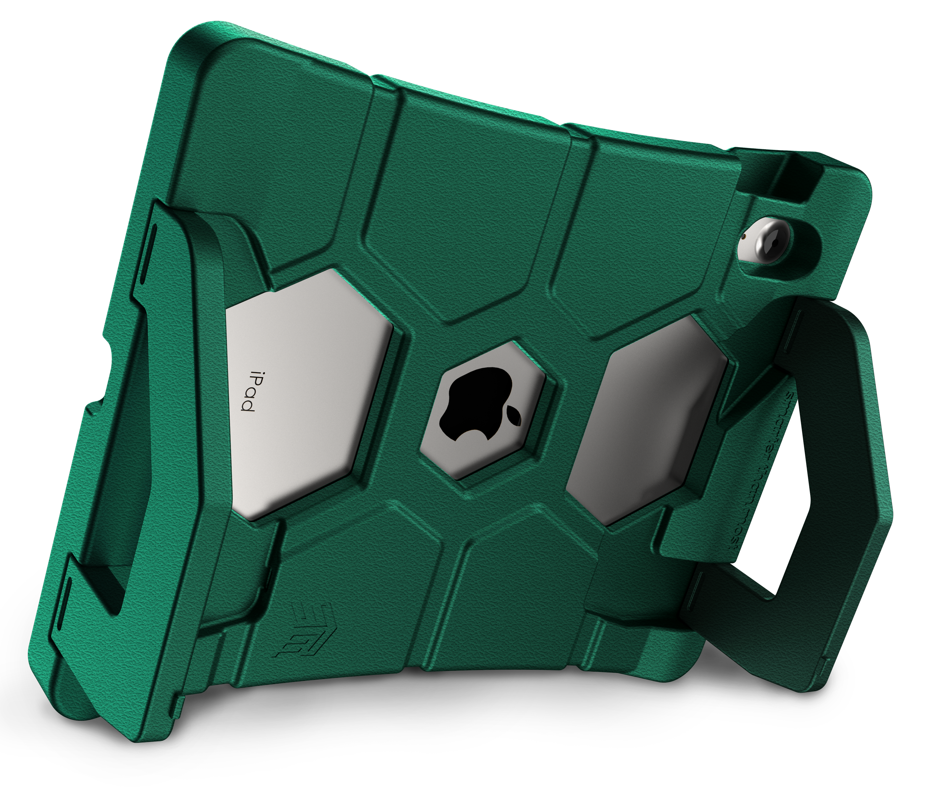 The STM Duxling [Green] Case for iPad A16/10th/11th Gen features rugged EVA foam, two handles (one doubles as a stand), and an opening to display the Apple logo. This ultra-protective case securely holds your device.