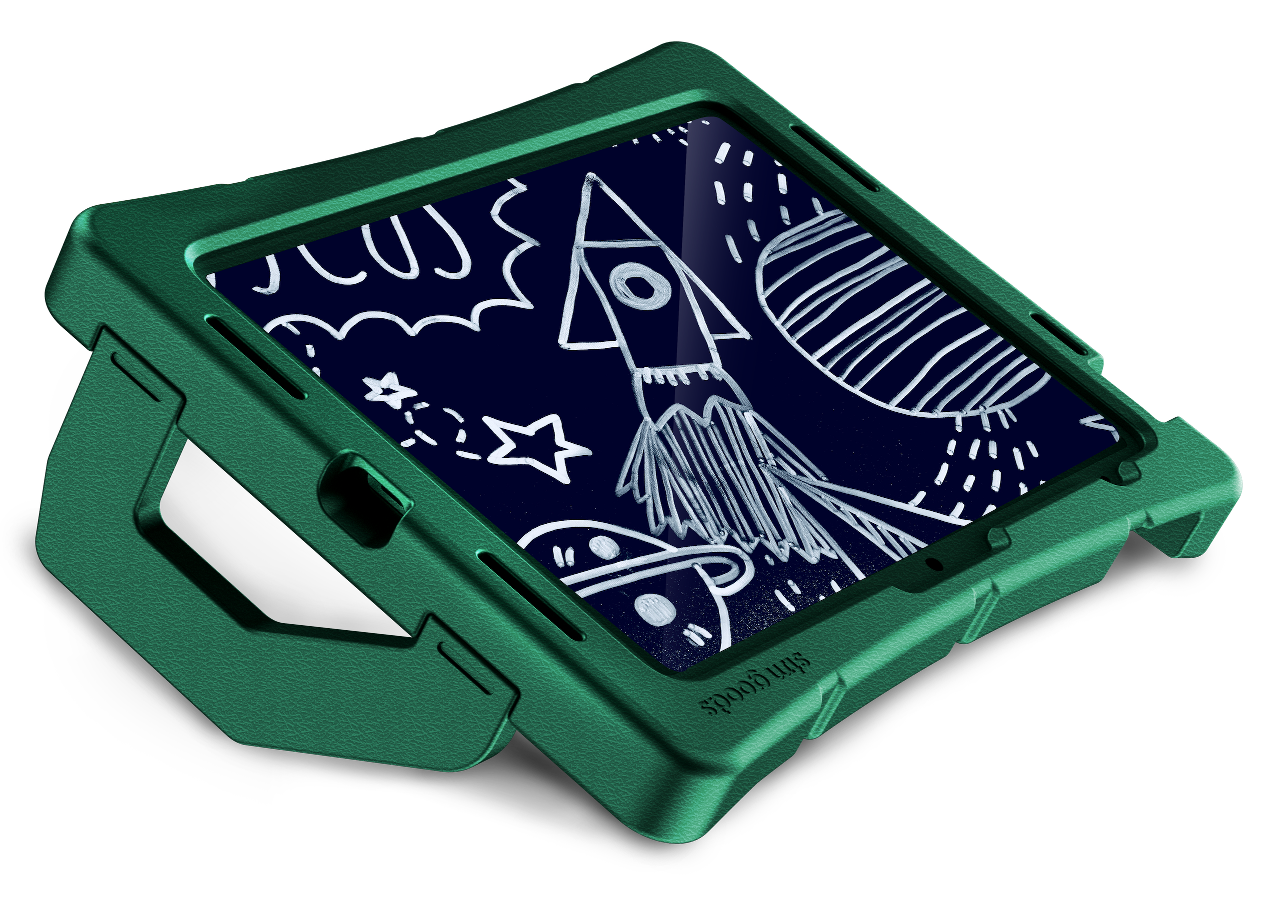An STM Duxling [Green] Case for iPad A16/10th/11th Gen, with a handle, supports an iPad showing a child’s drawing of a rocket, stars, and a planet on a dark blue background.